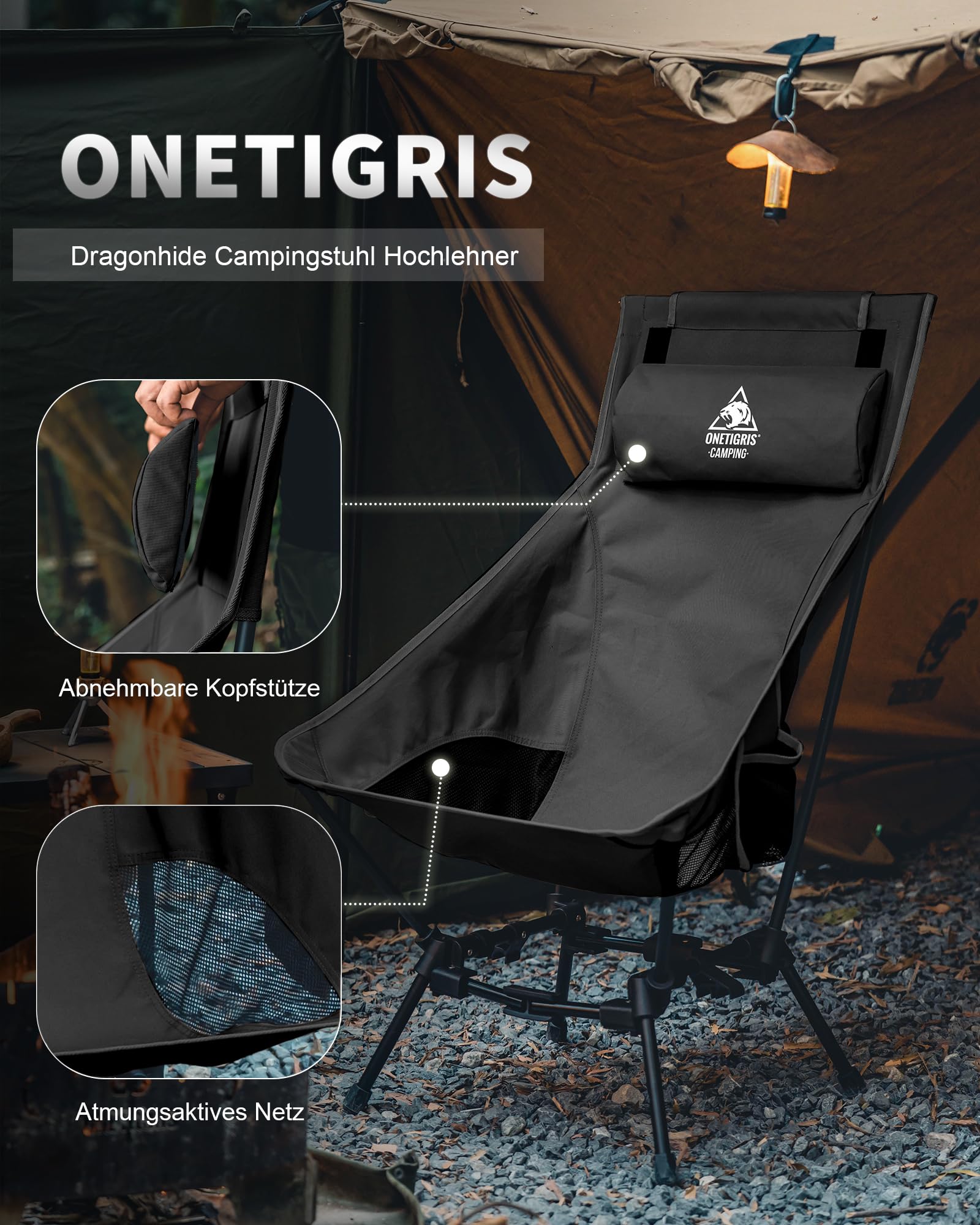 OneTigris DRAGONHIDE Krzesło kempingowe z wysokim oparciem, składane, 125 kg, lekkie, krzesło wędkarskie, z 2 kieszeniami bocznymi, do aktywności na świeżym powietrzu, wędrówek, czarne