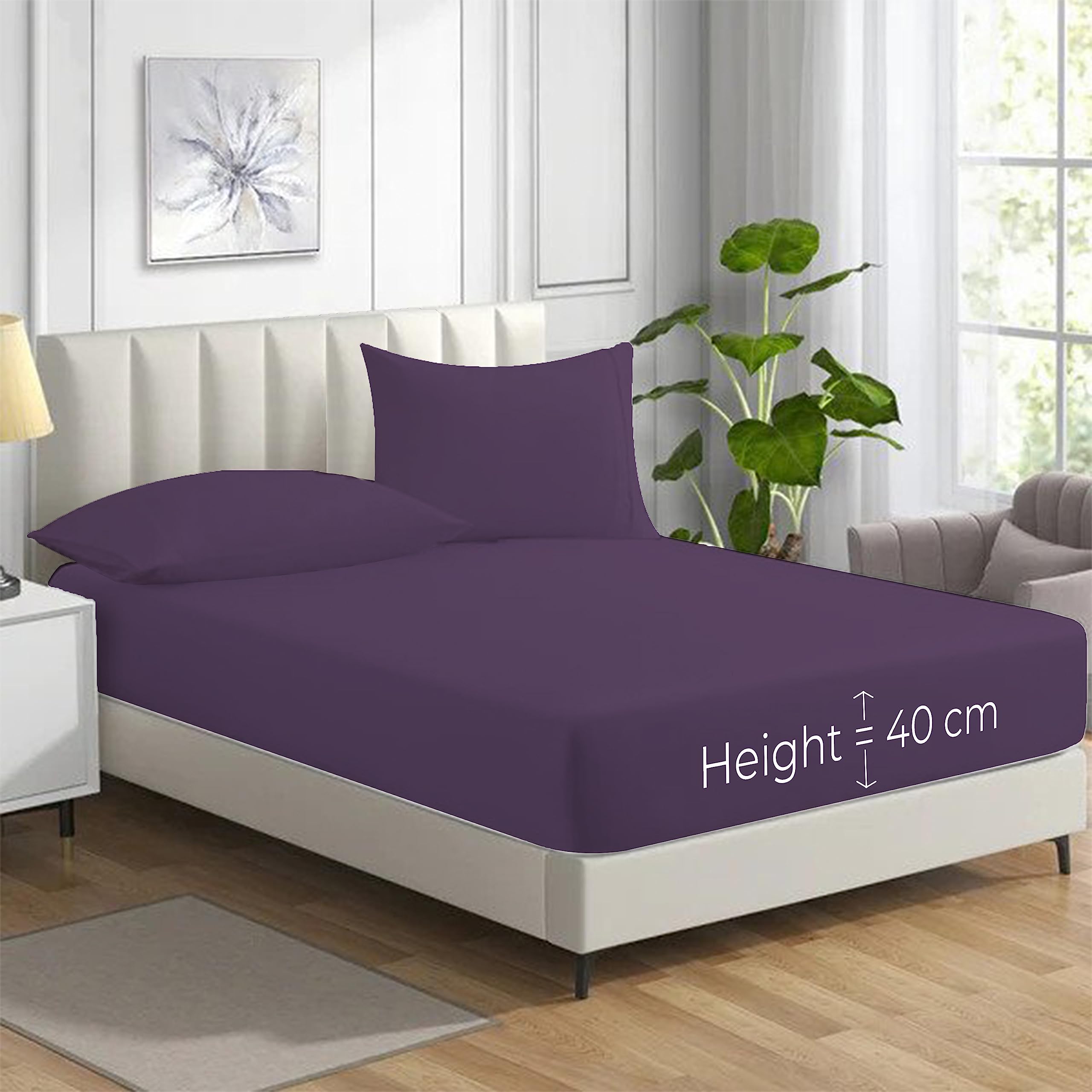 Hadi London Purple Polycotton Fitted Sheets For Single Double King Super King Size Bed Plain Dyed 40 Cm Extra Deep Fitted Sheet Cover With 200 Thread Count And Elasticated Edges (, Double)