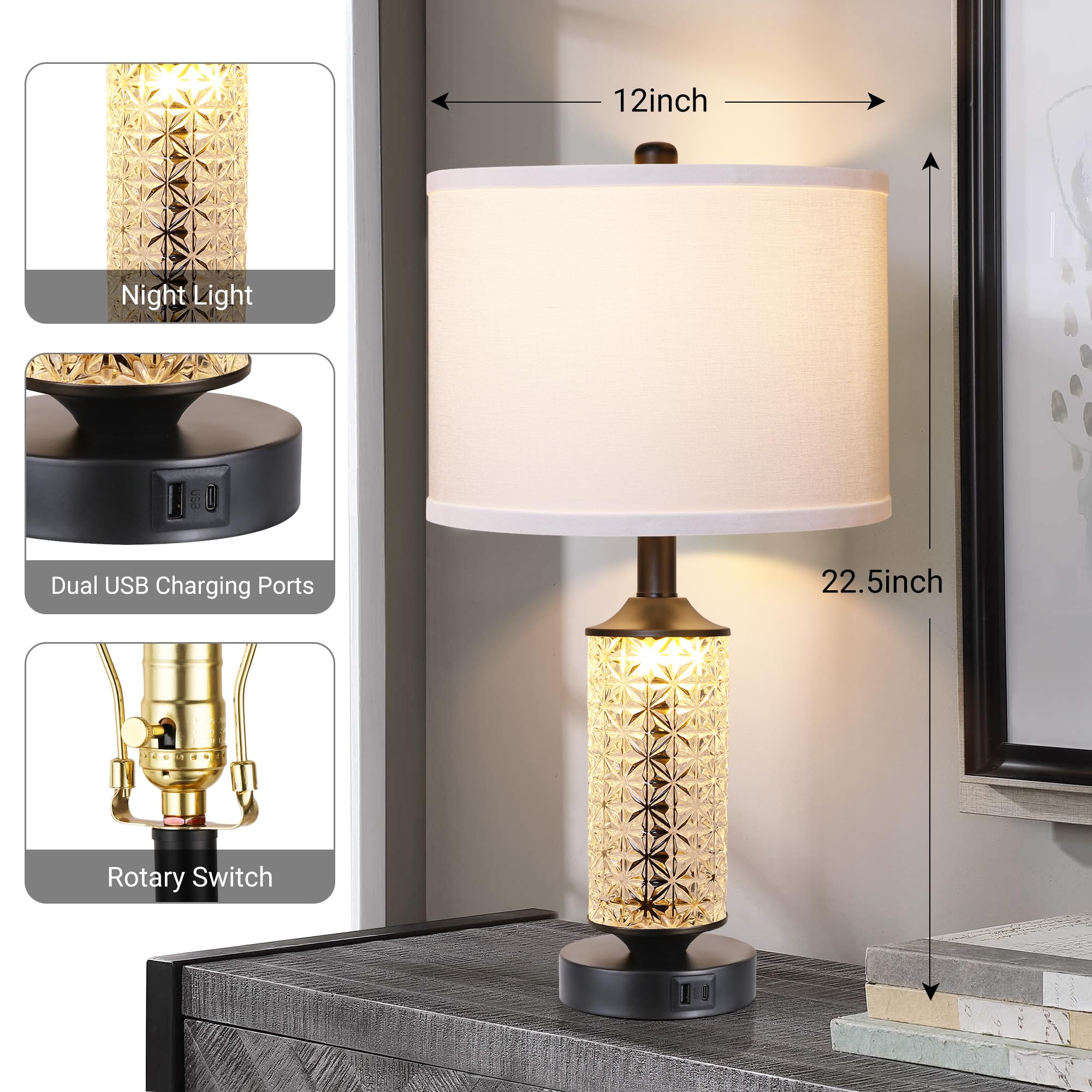 QiMH Table Lamps Set of 2, Lamps for Bedrooms with LED Night Light, Bedside Lamps with USB C+A Charging Ports, Black Nightstand Lamps for Bedroom (LED Bulbs Included)