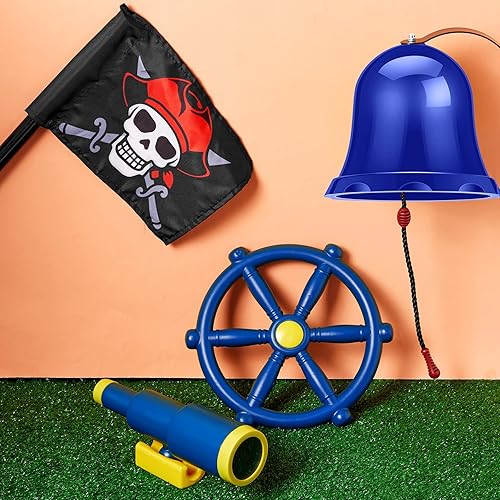Miniatura 6 de Junkin Juego de 4 accesorios para patio de recreo al aire libre, juego de equipo pirata para niños, incluye barco pirata, bandera, campana,