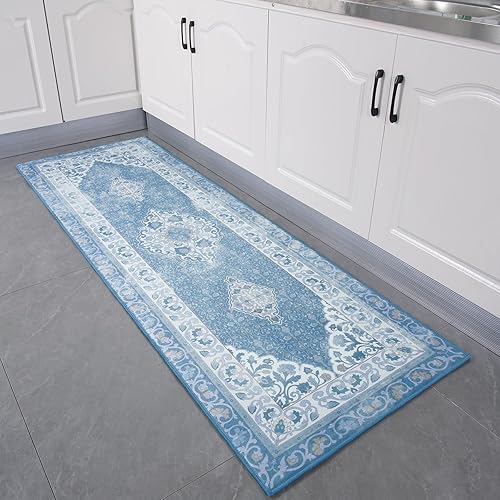 Miniatura 3 de Alfombra de pasillo para dormitorio, alfombra azul de 2 x 6 pulgadas, alfombra floral pequeña para cocina, lavandería, entrada, alfombra de