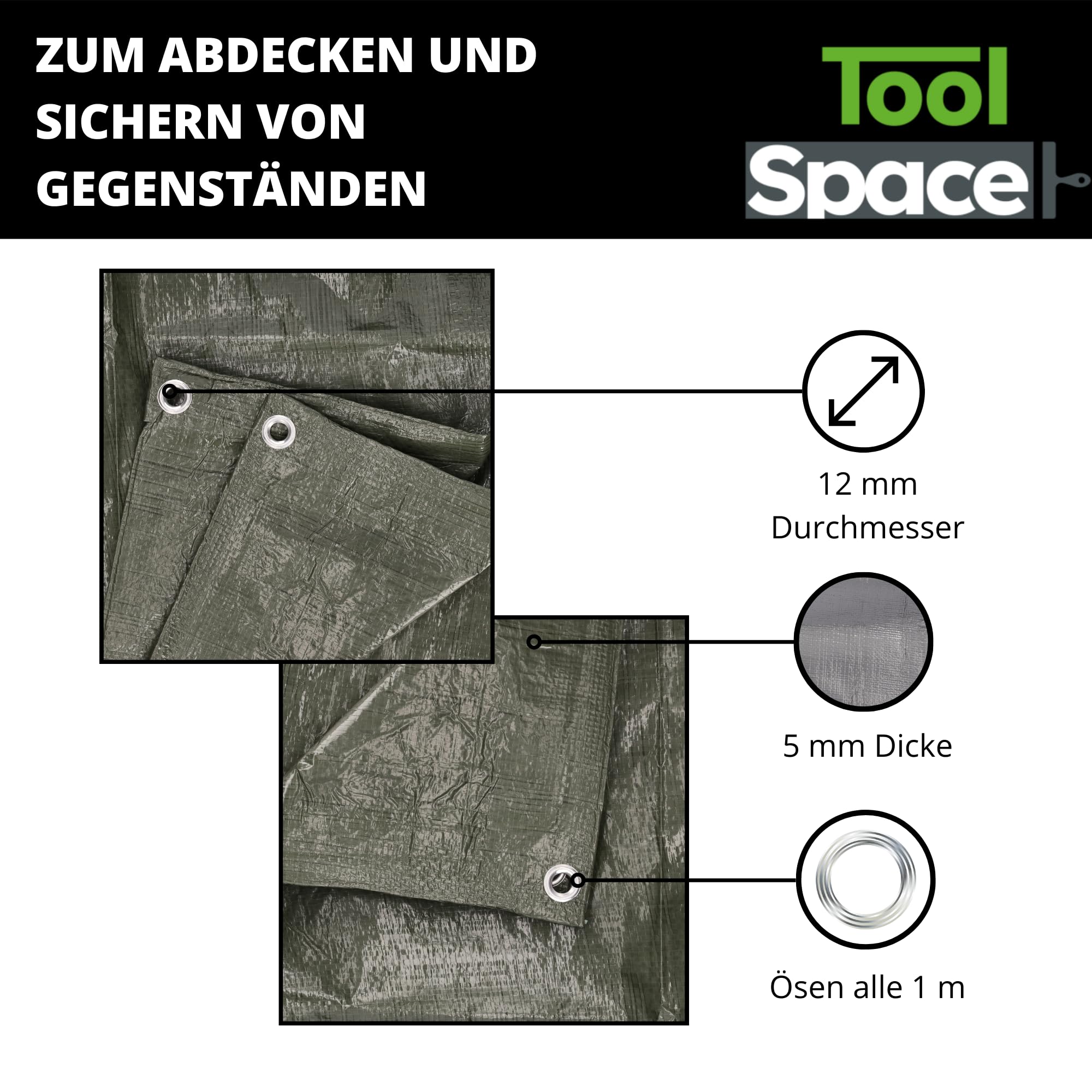 ToolSpace Tarpaulin 4mx5m | Verde | 90g/m2 | Lona de protección Barcos de Madera con Ojales | Lona de protección Verde