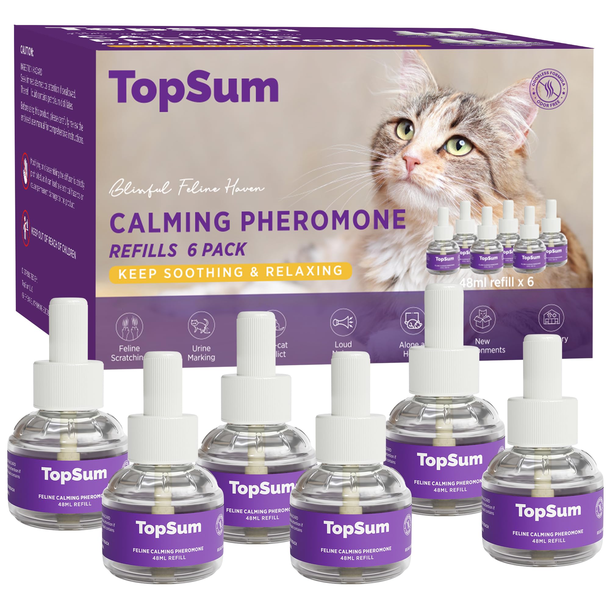 TopSum Cat Calming Diffuser Refills: Pheromone Refill for Cats, Long-Lasting 4-Month Supply, Compatible with Most Diffusers, 6 Pack (Purple)