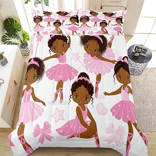Juego de ropa de cama Queen para niñas, juego de edredón mágico afroamericano con bailarina de ballet, juego de cama rosa para niños pequeños,