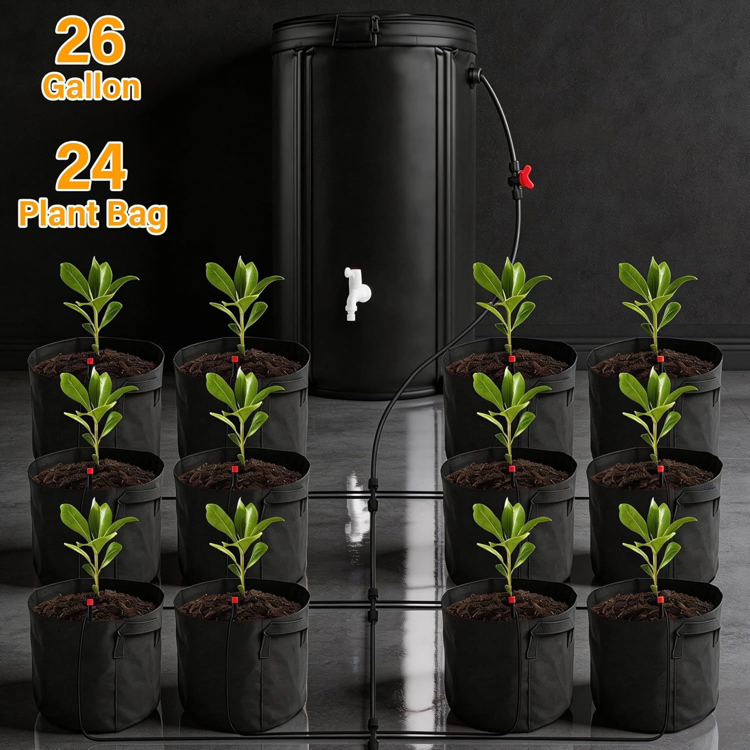 Auto Drip Irrigation System Kits, with 26 Gallon Bucket, 25W Water Pump, 24 Drip Emitters, 24 Planting Bags for Indoor and Outdoor Automatic Watering System for Grow Tent, Greenhouse, Lawn