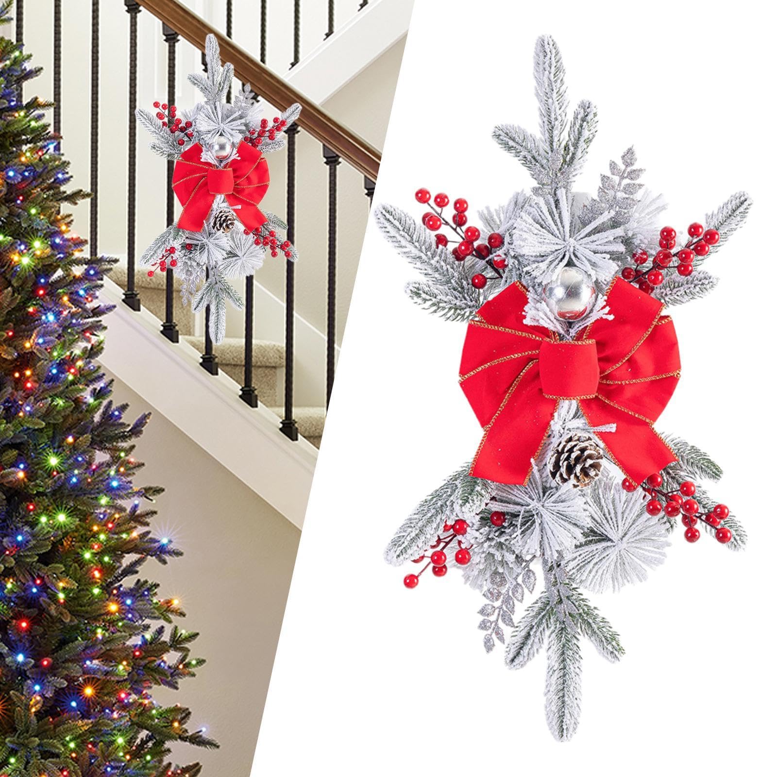 Tachiuwa Christmas Artificial Swags Teardrop Swag Wreath for Front Door Home Decor Stair Swag Wreath for Festival Celebration Kitchen, 45 cm Red Bowknot