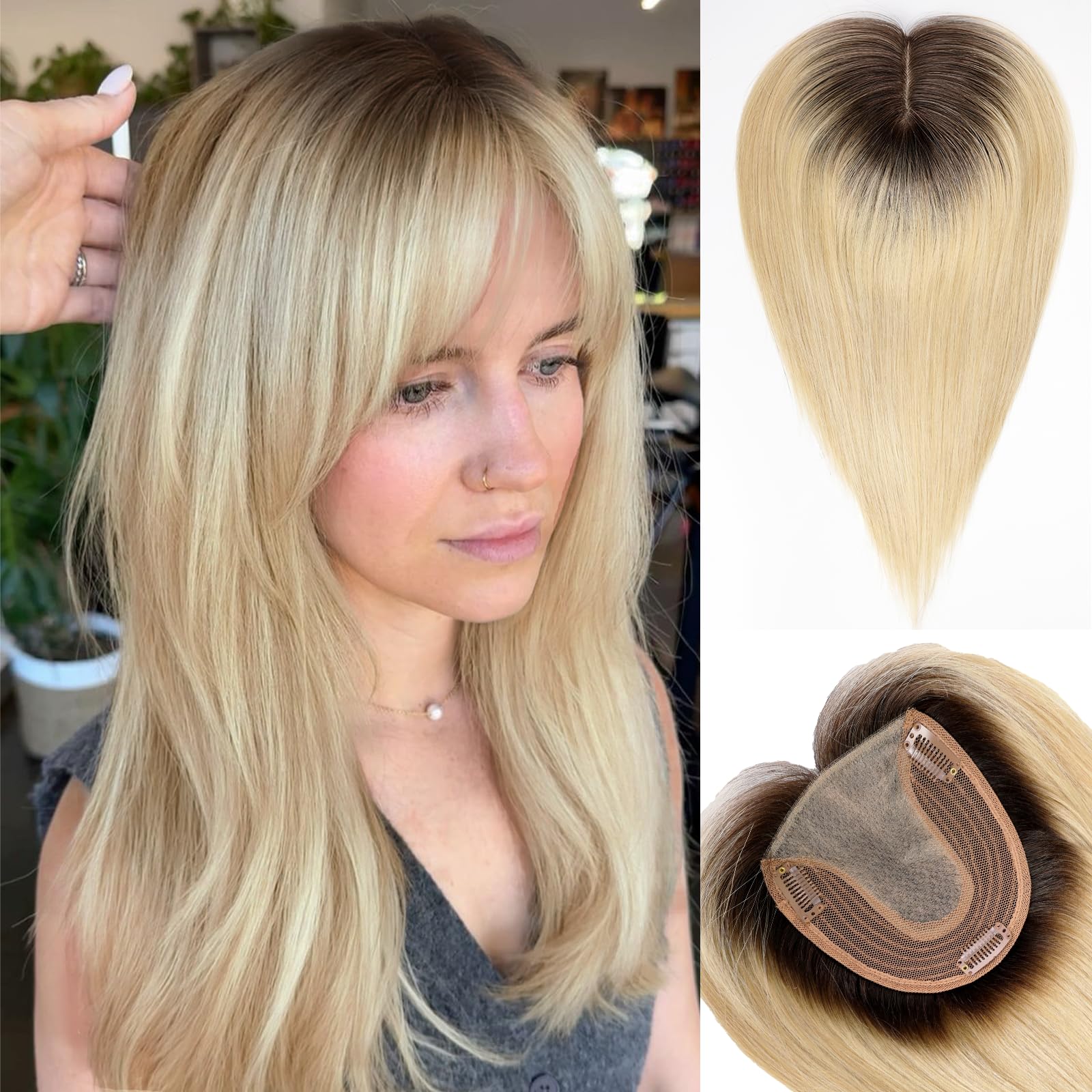HAIRCUBE Women's Human Hair Topper With Bangs - 5 * 5.5 inch Base, 14 inch Ombre Light Blonde, Covers Thinning Hair & Grey