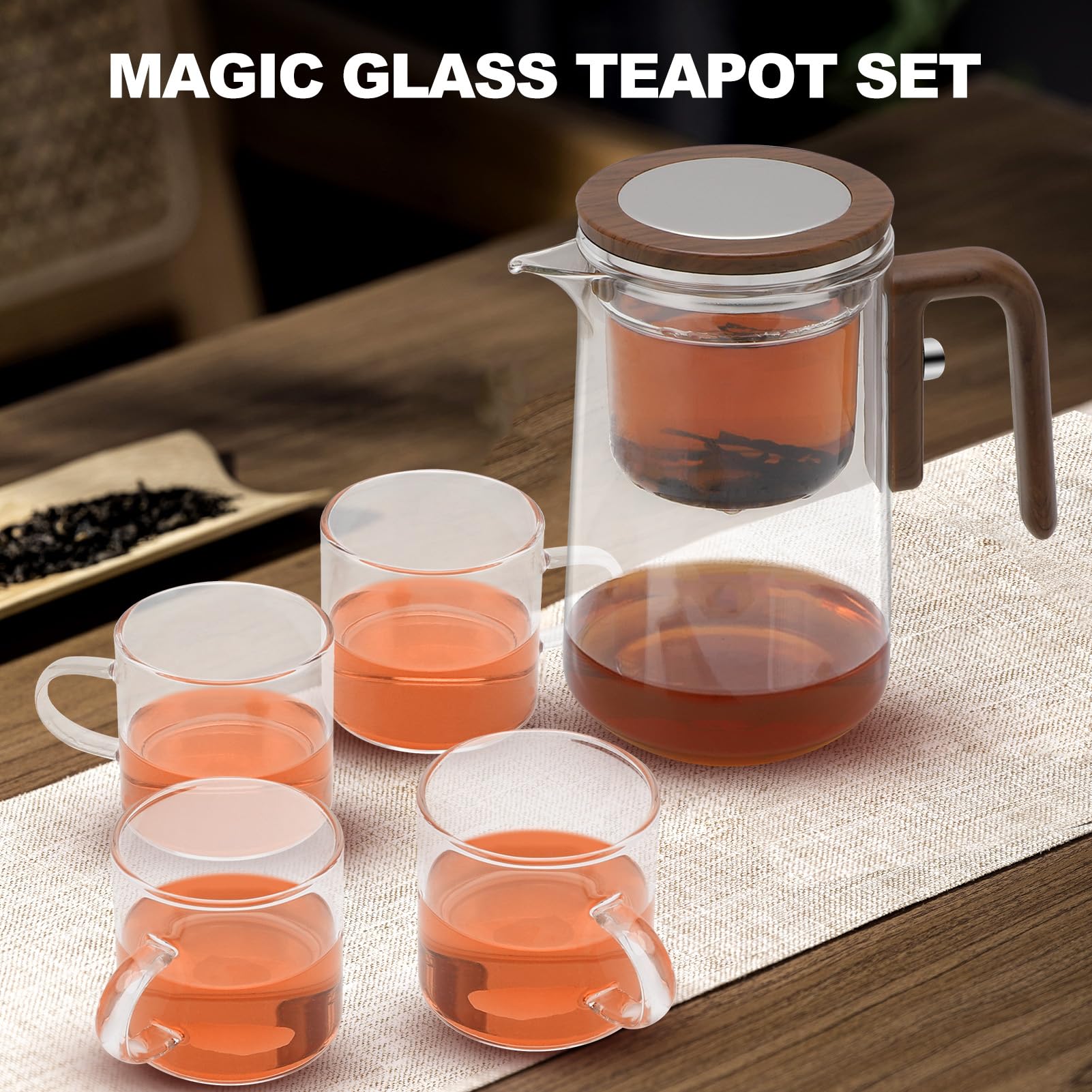 Set di Teiera Magica in Vetro Con Tazze da Tè, Divisore Con Riempimento dell'Acqua e Colino, Pressato per il Benessere e il Tè Pomeridiano (800 ml)