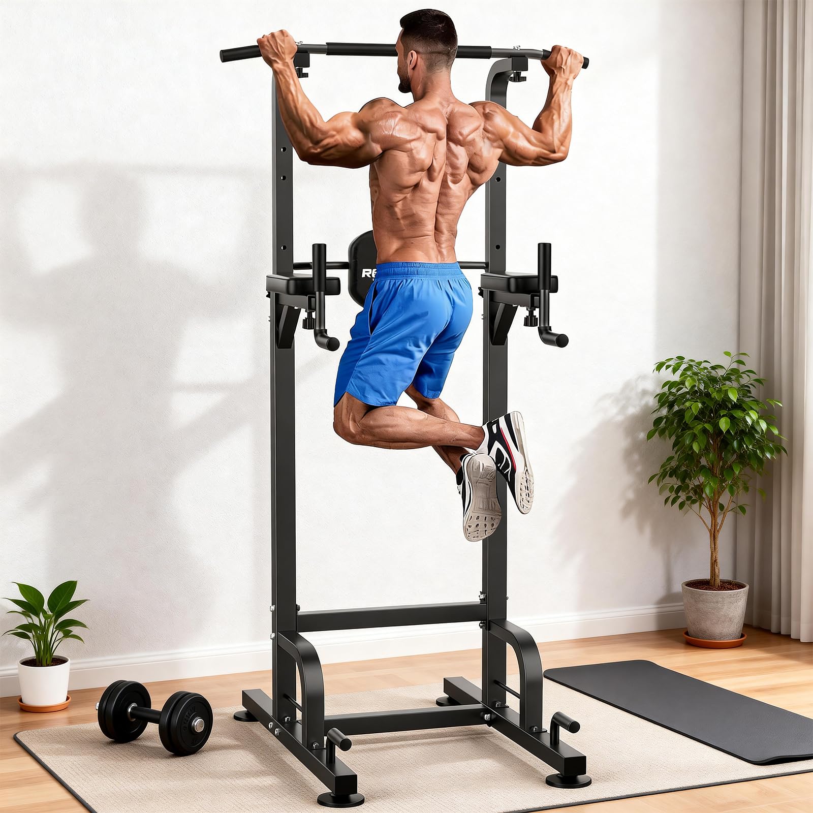 RELIFE REBUILD YOUR LIFE Torre Entrenamiento Energía Power Tower Estación Pull Up Multifuncional Barras Dominadas Torre de Gimnasia Casa Equipo de Fuerza Dip Station Musculación (Gris)