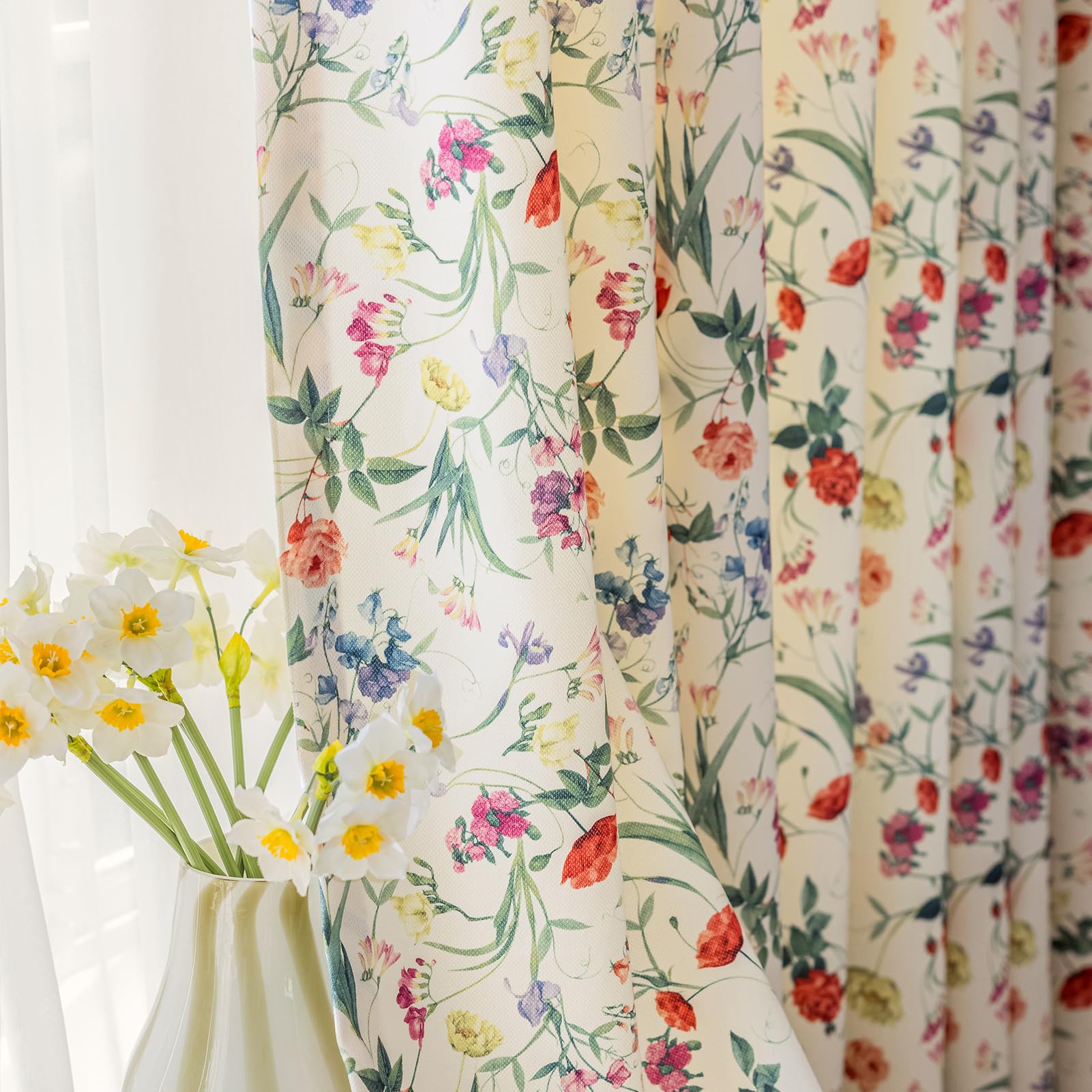 Colorful Floral Chenille Curtains for Living Room Light Filtering Print Red Yellow Flower Botanical Farmhouse Window Drapes Set for Bedroom Dining 2 Panels 84 Inches Long