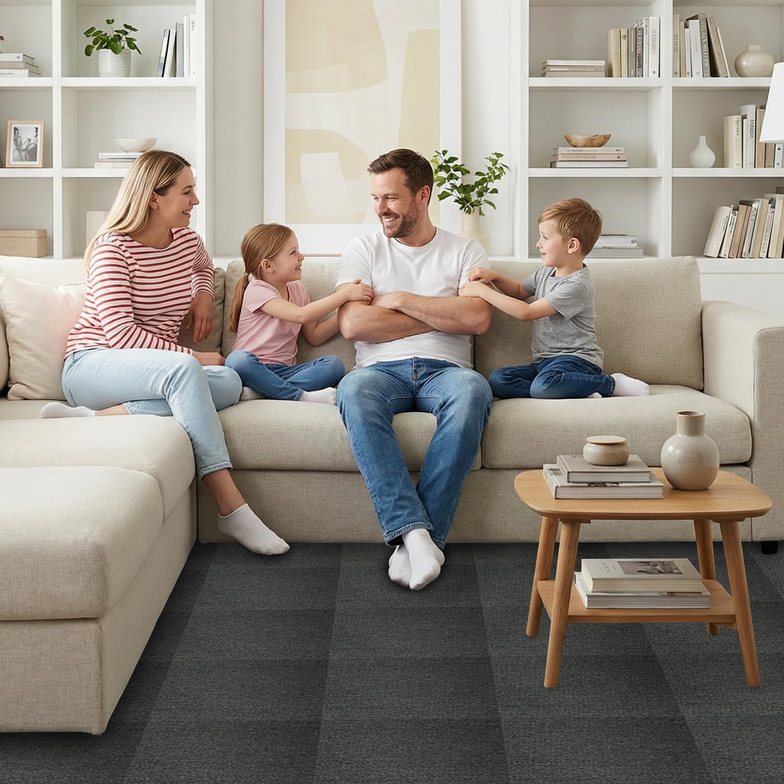 50x50 cm Teppichfliesen, zur Selbstverlegung — 20 Fliesen pro Packung (5 Quadratmeter) — strapazierfähig — geeignet für Wohnungen, Büros, Apartments und Gewerberäume (Dunkelgrau)