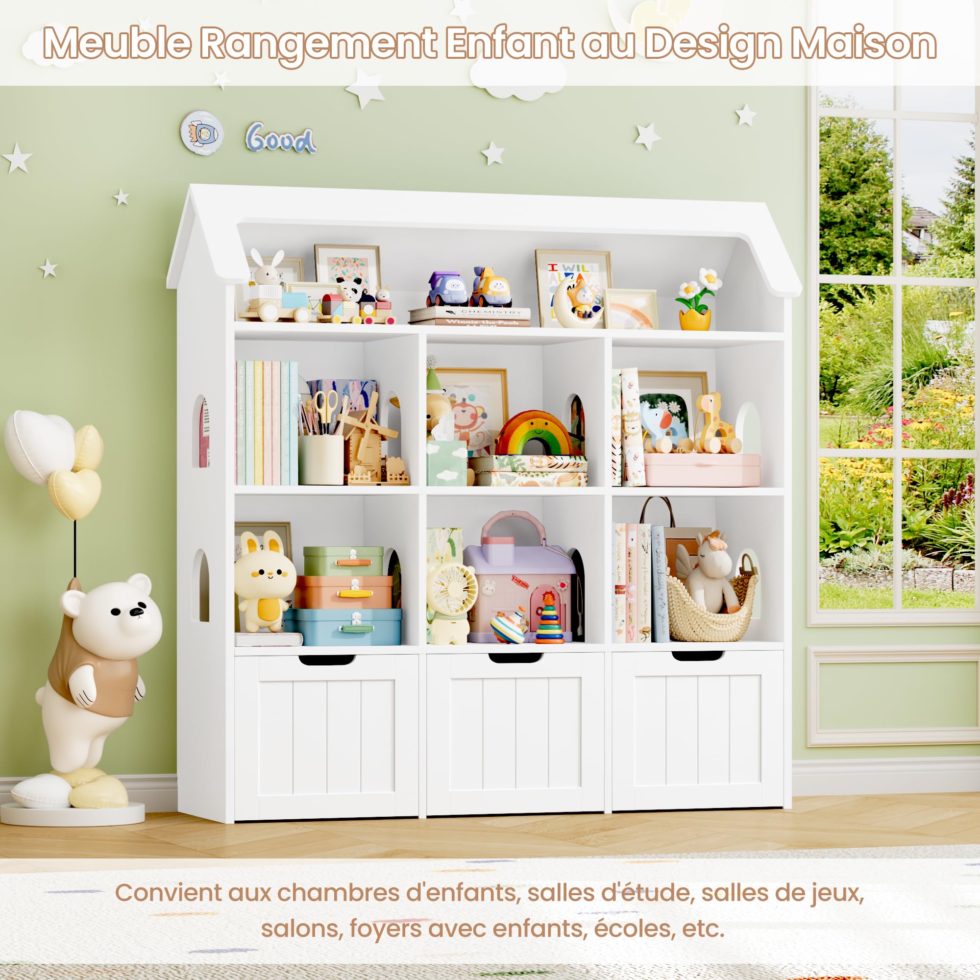 FOREHILL Meuble Rangement Enfant, Maison de Poupée, Bibliothèque Enfant avec 7 Étagères 3 Tiroirs Roulants, Rangement Jouet Chambre Enfant, 120x30x117.5cm, Blanc