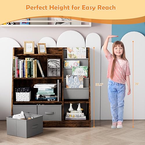 Miniatura 147 de Estantería de madera rosa de 4 niveles para niños, estantería de 5 capas, estante para libros de almacenamiento para bebés, organizador de juguetes