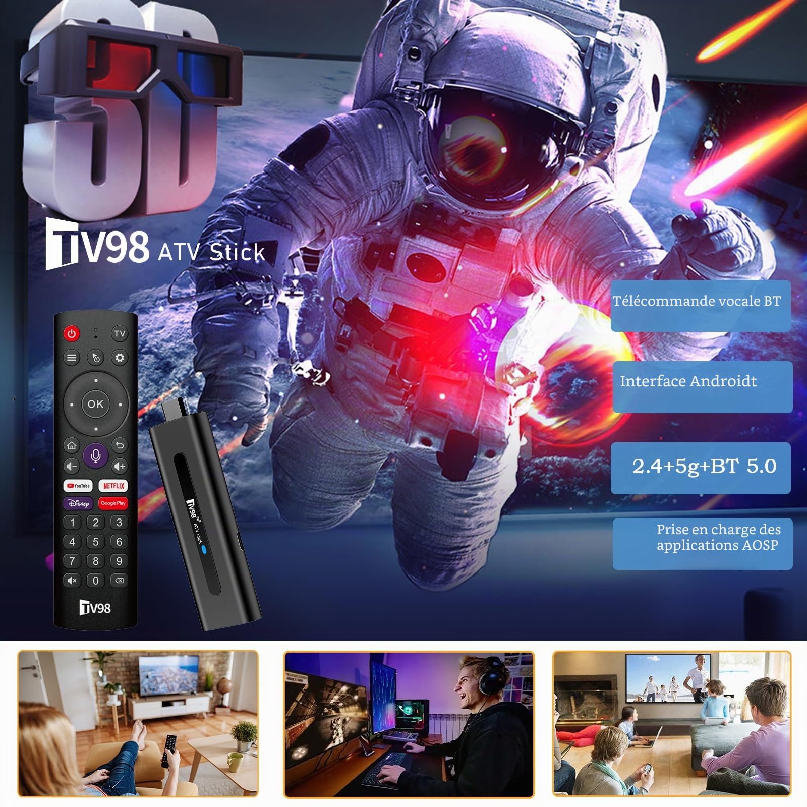 Android 14.0 TV Box, clé de streaming 8 K, 2 Go de RAM 16 Go de ROM, double WiFi 2,4 G/5,8 G, HDMI, 4 K HDR, télécommande vocale, lecteur de films 3D, convient pour les boîtes TV Android ou les clés