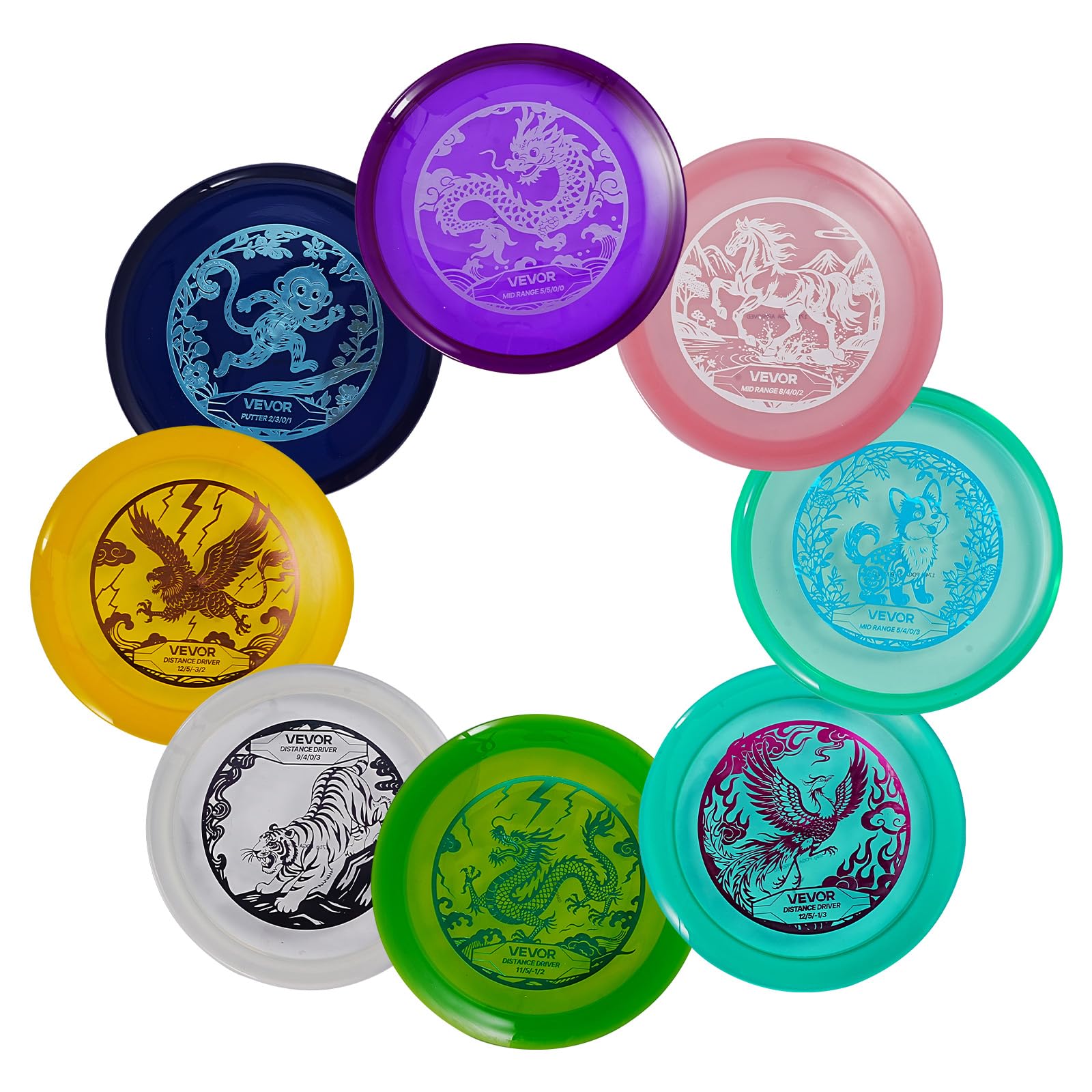 VEVOR Discgolf-Set Starterset (8 STK.), Anfänger-Frisbees für Ganzkörper-Krafttraining, mit Putter, Mid-Range, Driver, für Garten Rasen Strand Park im Freien