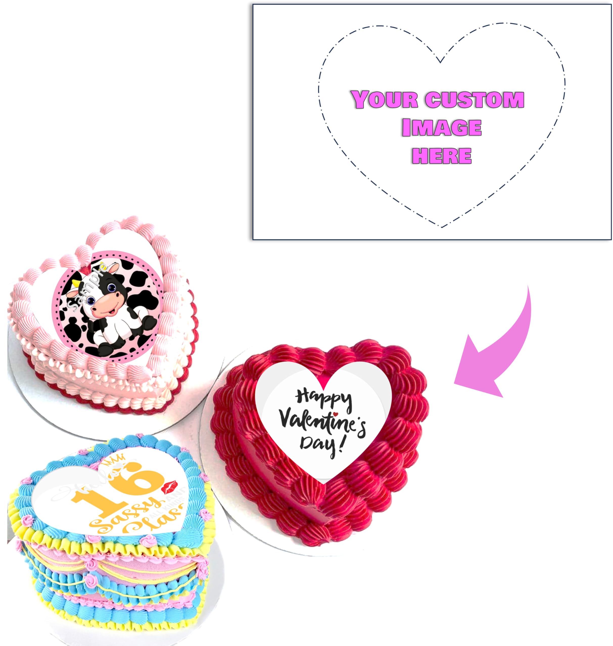 Hearted Shaped Custom Cake Image Personalized Make your Own Cake Toppers, Different sizes option, Birthday Cake Topper, Bento cake image, and any dessert and treats. Non PRECUT