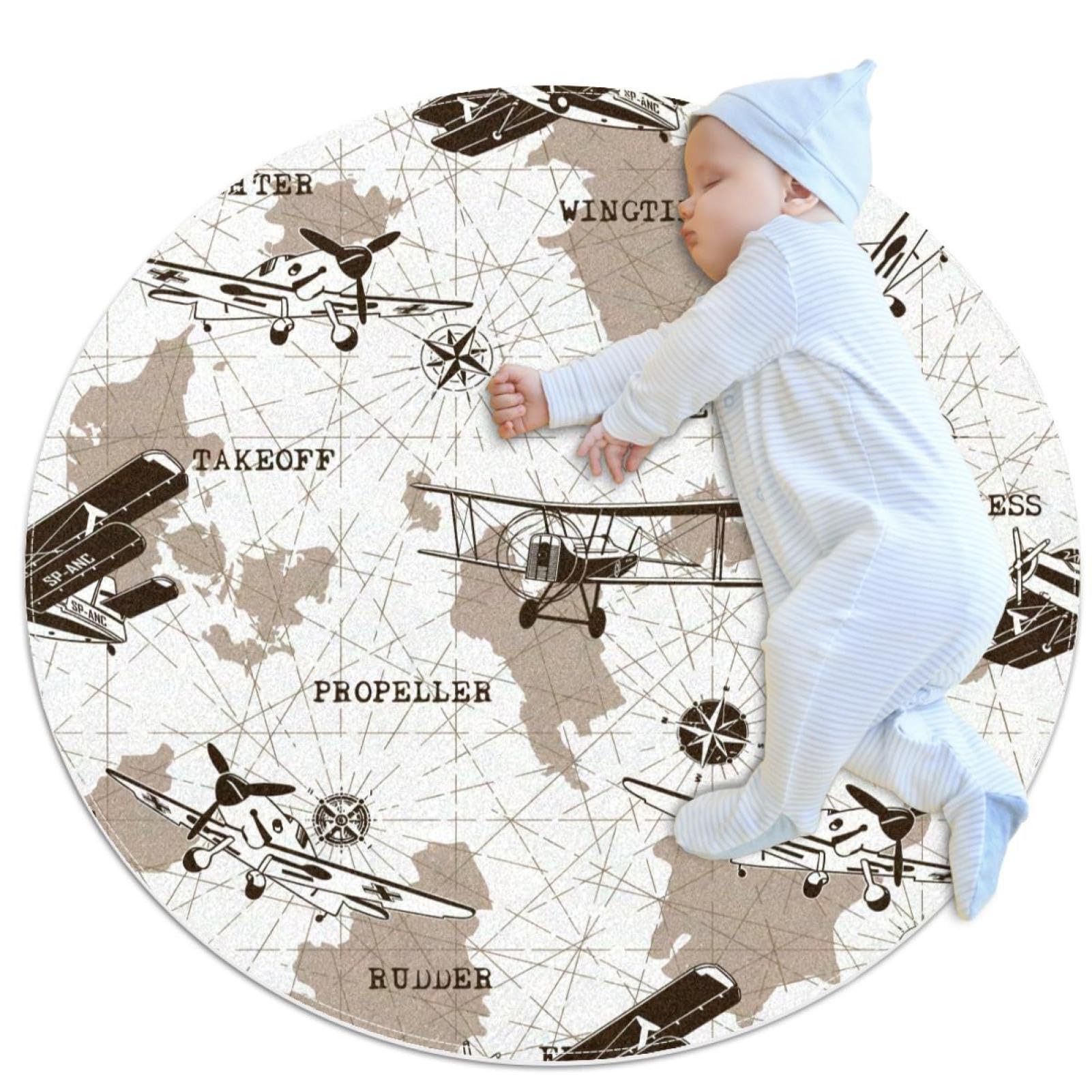 Tapis de porte chambre et salon rond antidérapant à motif avion de 1,9 m