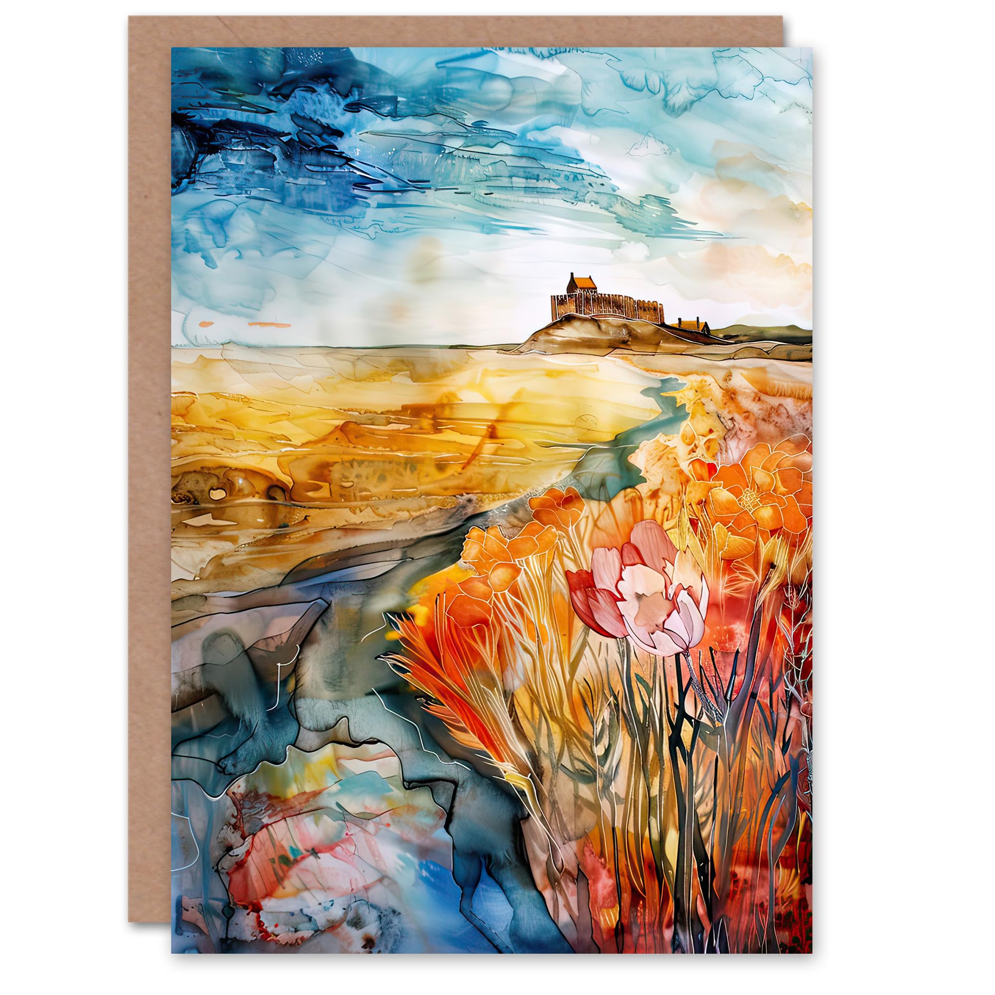 Artery8 Greeting Card Colourful Watercolour Bamburgh Castle View Floral Blank For Him Or Her Art Birthday Card