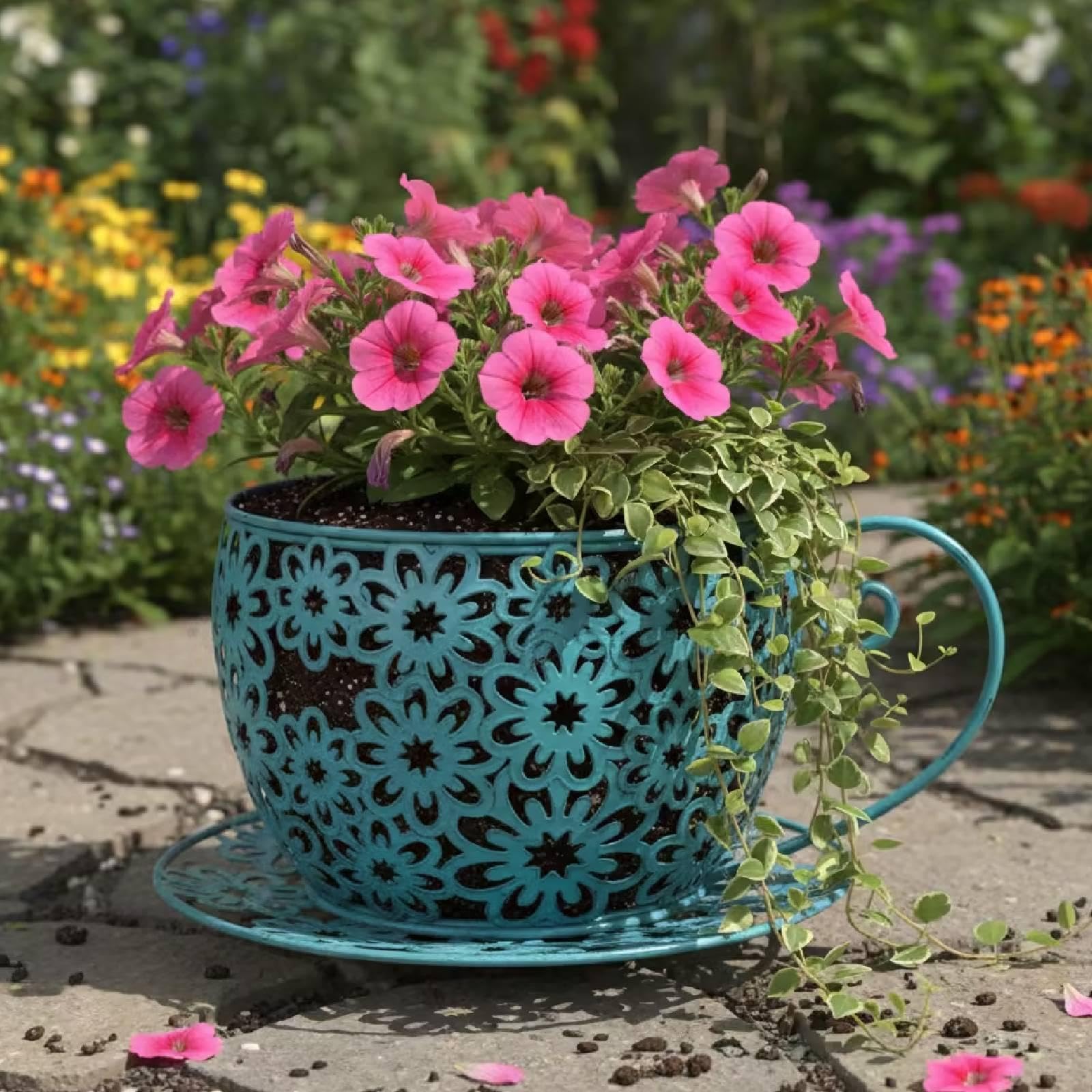 Baoblaze Vaso da Fiori a Forma di Tazza da tè, Vaso per Piante, Decorativo Rustico Antico con Fiori Cavi, Ideale per L'Estate, Compleanni, Piante da, Blu