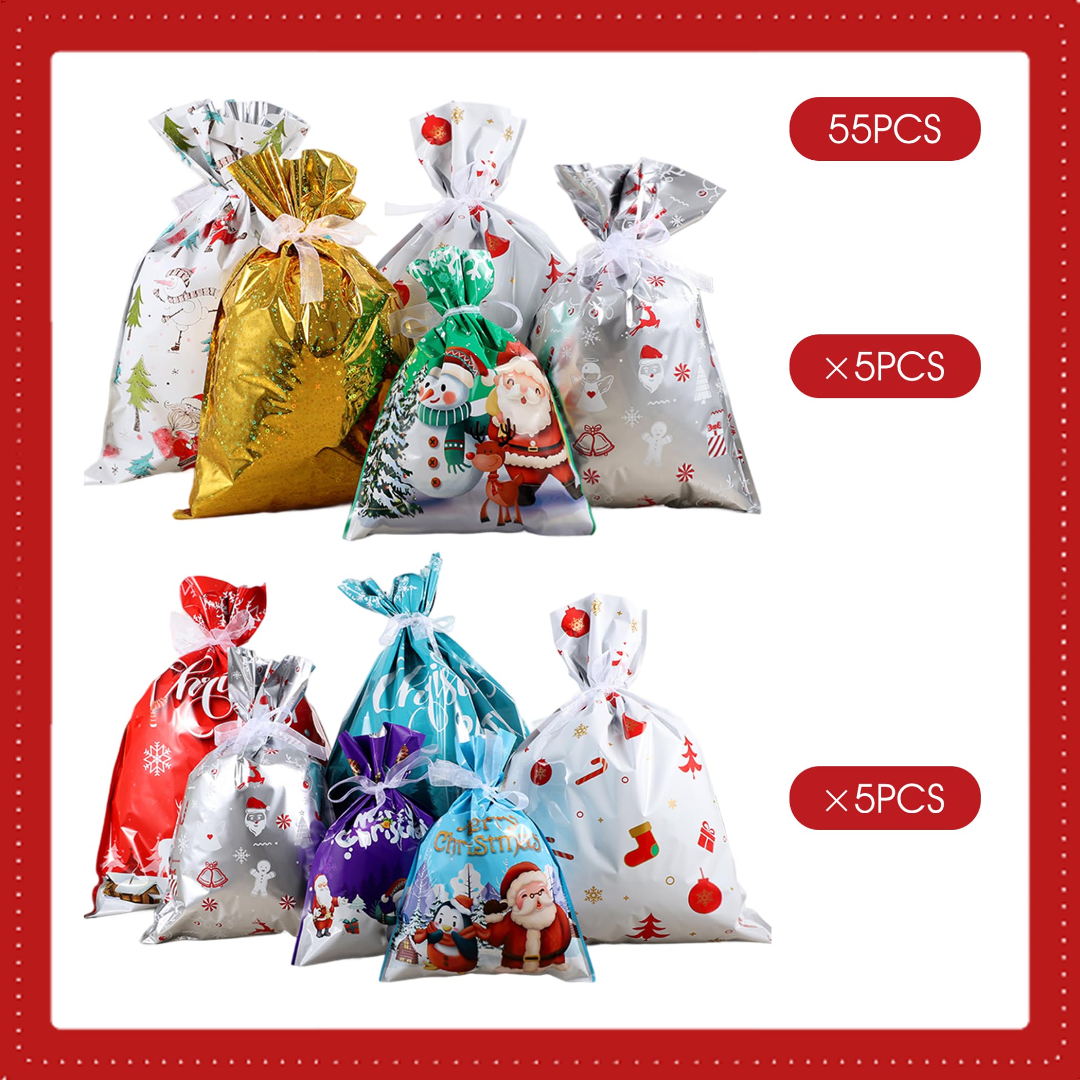 Bolsas de regalos de fiesta Navidad 55 piezas PE Bolsas de regalos navideños con cordón