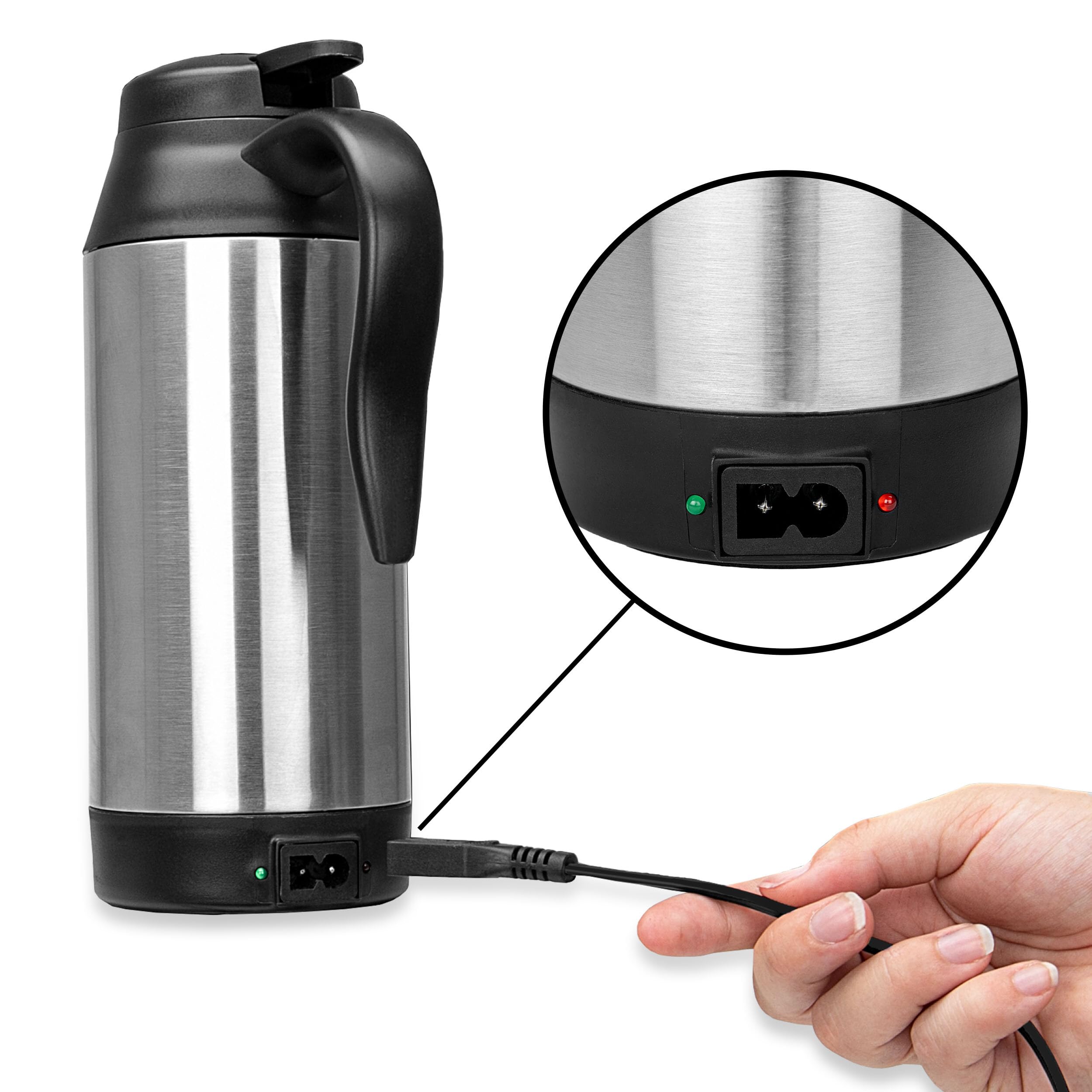 HEYNER® hervidor de agua para coche de acero inoxidable hervidor de agua de viaje función mantener caliente 750ml 12V encendedor de cigarrillos