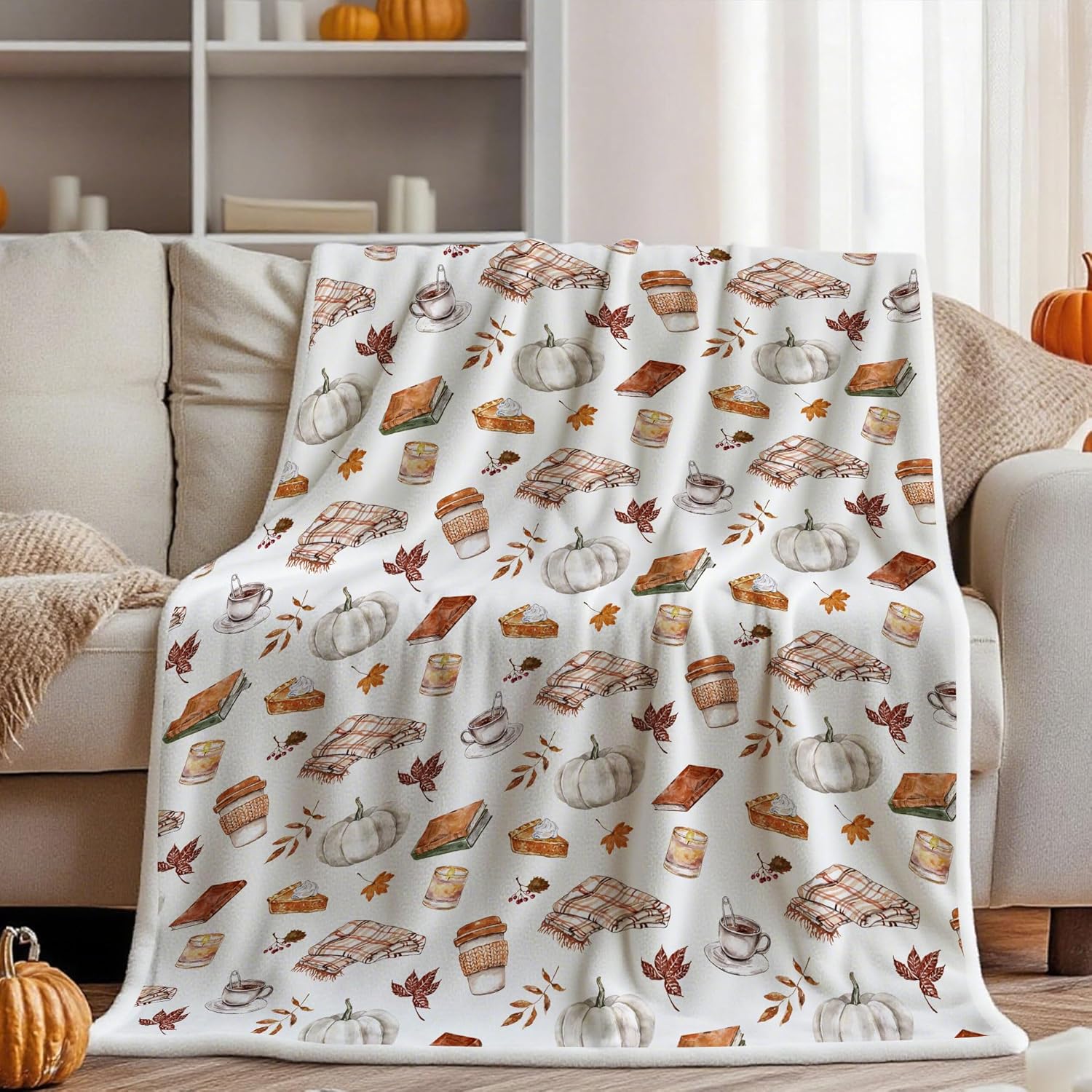Fall Throw Blanket,Soft Pumpkin Spice and Everything Nice with Books Wraps Coffees Lattes Pumpkins Pies Blanket, Soft Warm Flannel Blanket for Living Room Couch Bed Chair or Dorm,60"X70"