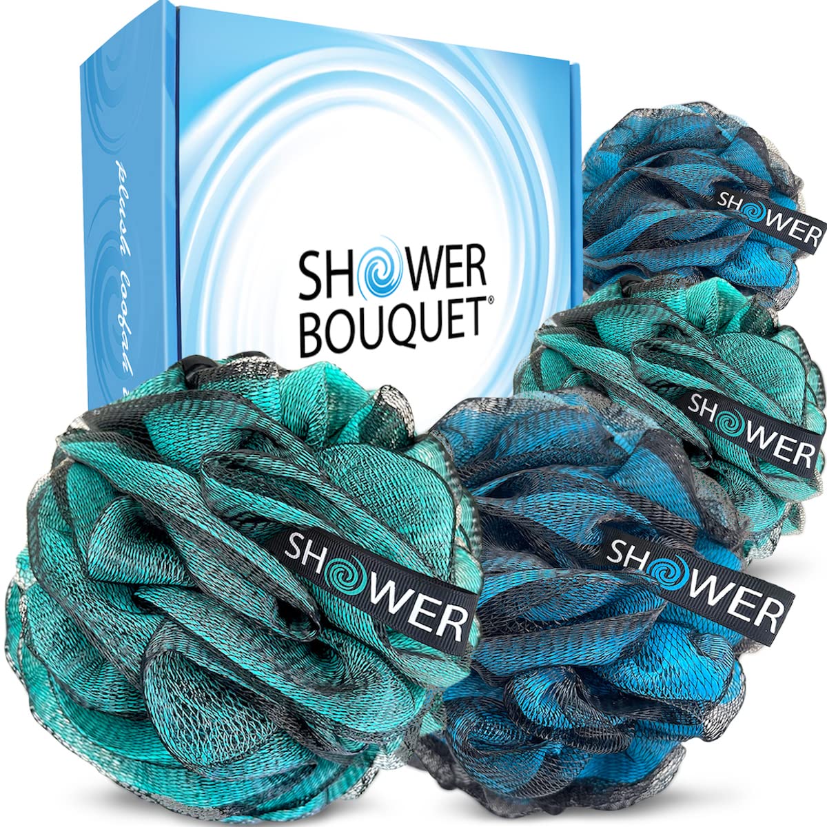 SHOWER BOUQUET LoofahCharcoal BathSpongeBlueGreen XL