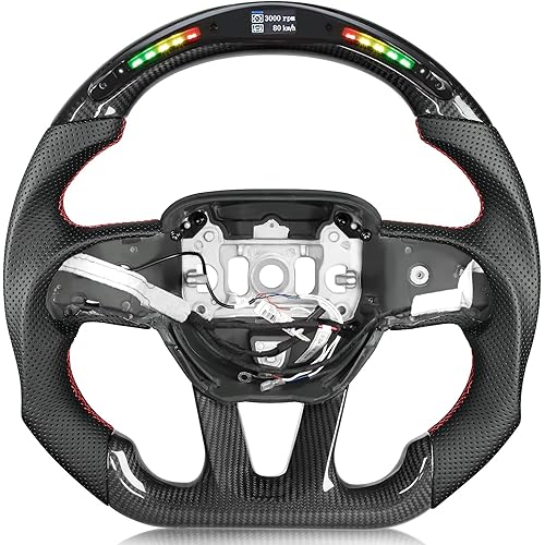 TESFEEL Heated Carbon Fiber Steering Wheel for Dodge Charger/Challenger/Durango (2015–2024), D-Shaped Flat-Bottom, LED Shift Indicator (SXT/GT/RT/SRT/For Hellcat)，with Heating Adapter