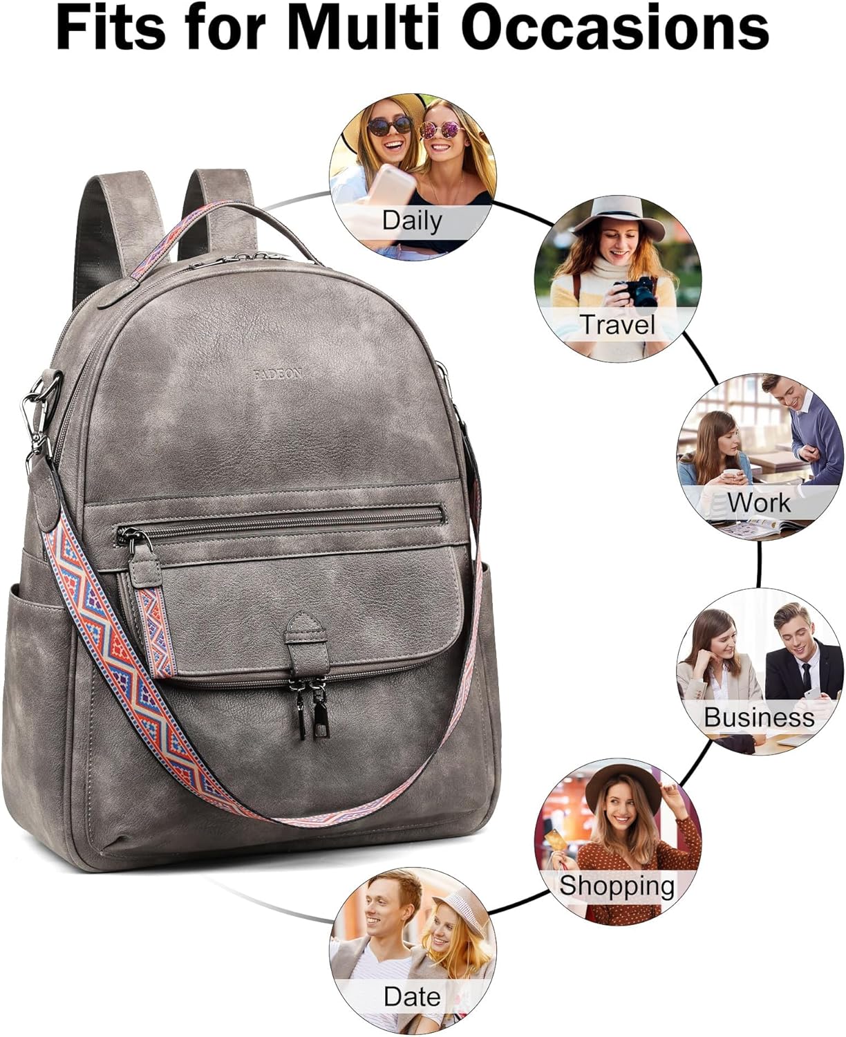 FADEON Leather Laptop Backpack Purse for Women, Designer Travel PU Backpack with Laptop Compartment for Work Grey