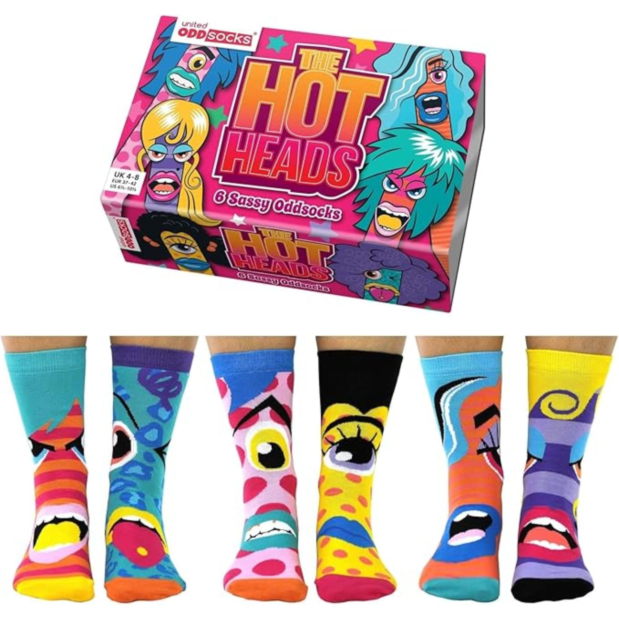 United Oddsocks The Hot Heads Gift Box – 6 Sassy Odd Socks for Women – UK 4-8 EUR 37-42 US 6.5-10.5 – Colourful Novelty Crew Present, Bold Cartoon Faces, Cotton Rich Mix and Match Statement Set
