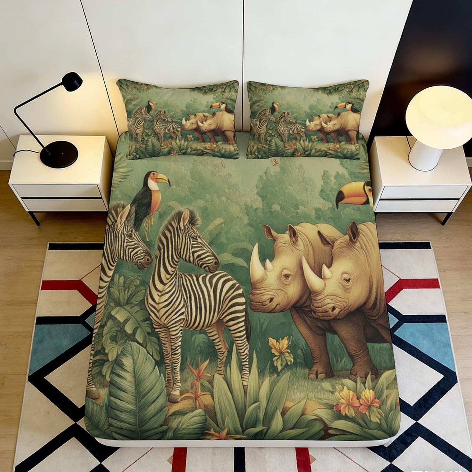 3D Printed Safari Wildlife Fitted Sheet Microfiber Soft Jungle Animal Mattress Cover for Bedroom Decor Protection 90x200x25cm