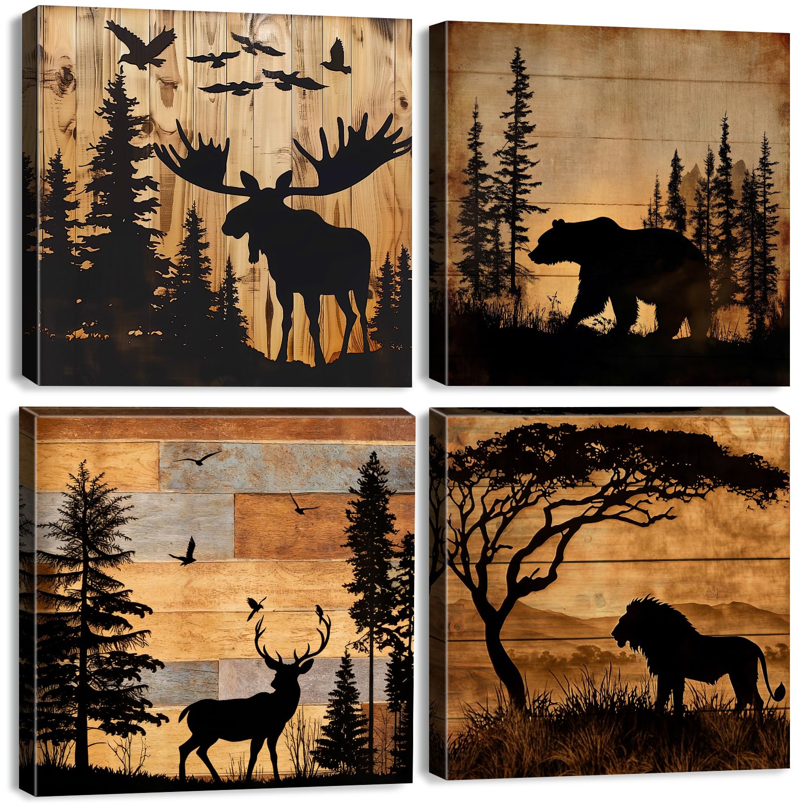 Rustic Animal Wall Art for Bathroom Woodland Wildlife Animal Pictures for Living Room Deer Lion Bear Silhouette Canvas Prints Farmhouse Forest Cabin Decor for Bedroom Office Hallway 30x30cm 4Pcs