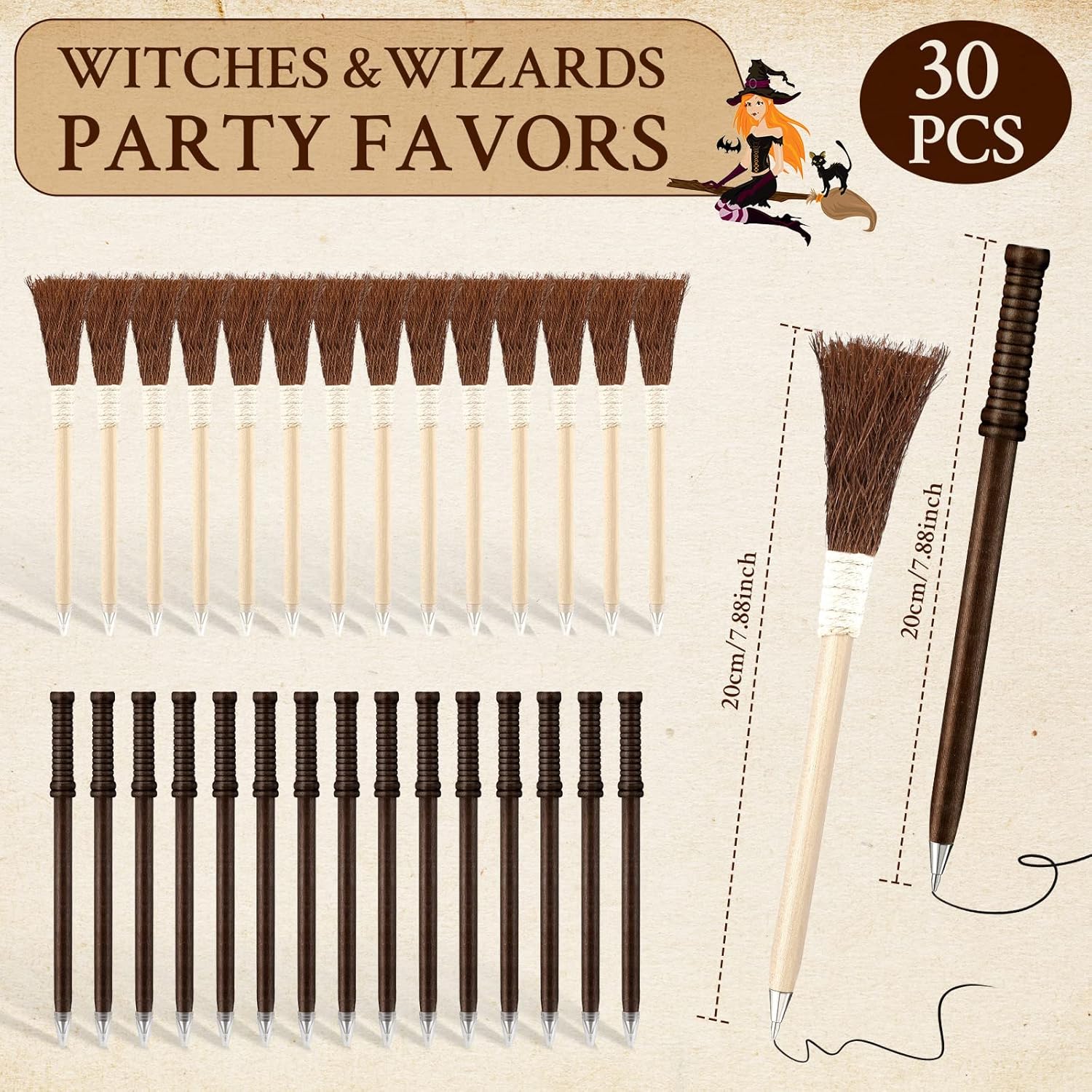 Fumete 30 Pieces Halloween Witch Broom Ballpoint Pen Bulk Halloween Party Favors Witch Wand Broomstick Ballpoint Pen with Pen Cap for Teen Kids Party Gifts School Rewards(Basic)