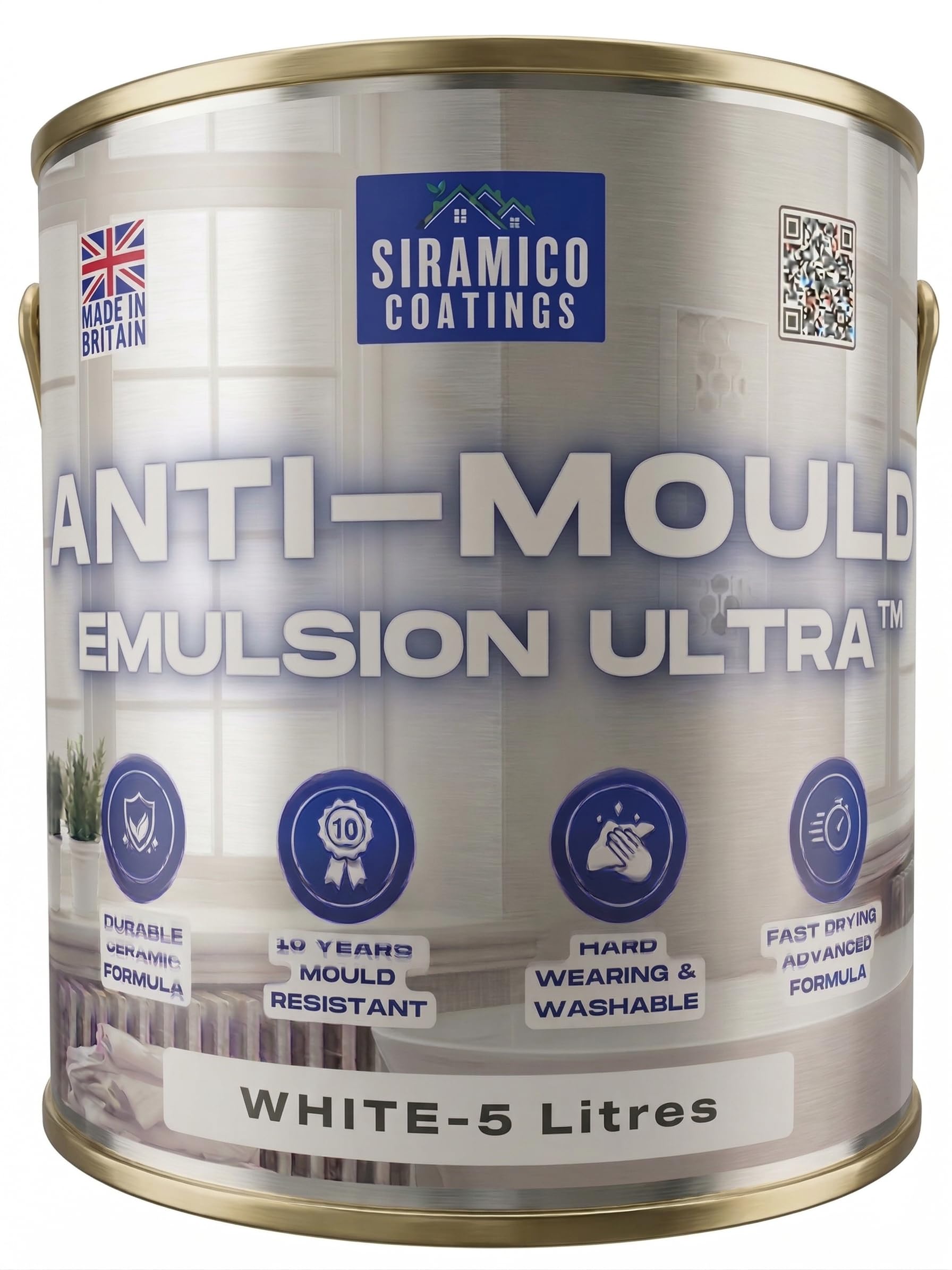 SIRAMICO COATINGS I Anti Mould Paint Ultra I 5 Litres I Brilliant White Matt Finish I 10 Year Anti Mould Protection Emulsion Paint For Bathrooms, Kitchens, Walls and Ceilings