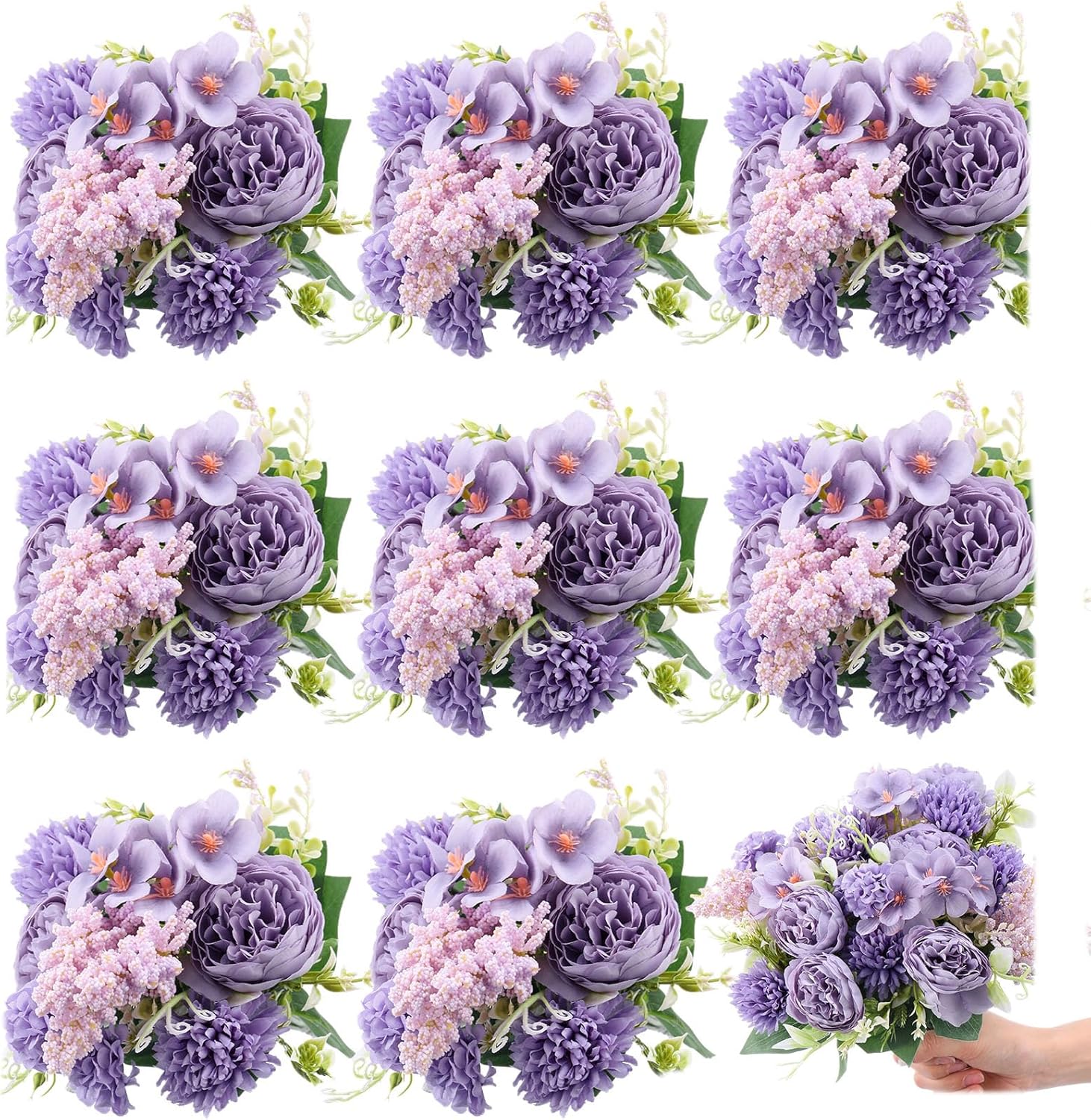 Zeyune 8 Pcs Artificial Flowers Bouquet Fake Silk Flowers Faux Bouquet Hydrangea Bouquets for Valentine's Day Wedding Birthday Party Table Centerpieces Home Office Decoration(Purple,Peony)