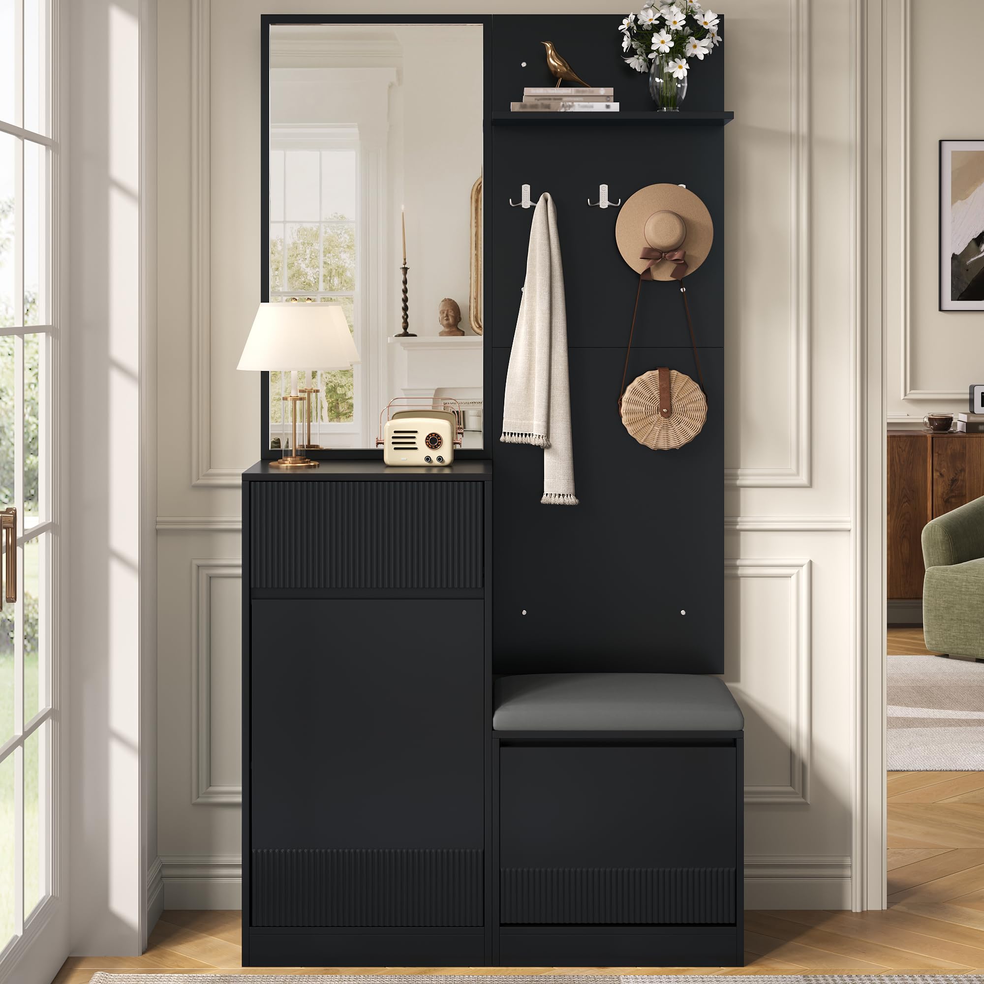 Generisch Kompaktowa garderoba z lustrem LED ławka na buty 105 x 38 x 190 cm czarna