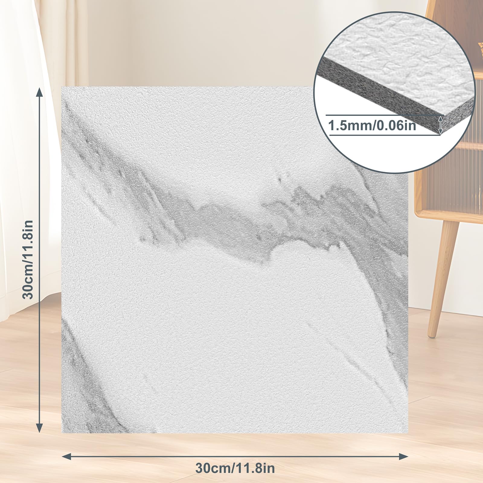 ACXIN Pavimento in PVC autoadesivo con effetto piastrelle, 81 piastrelle in vinile, 7,5 m², autoadesive, per pavimenti impermeabili, per cucina, bagno, soggiorno (motivo bianco)