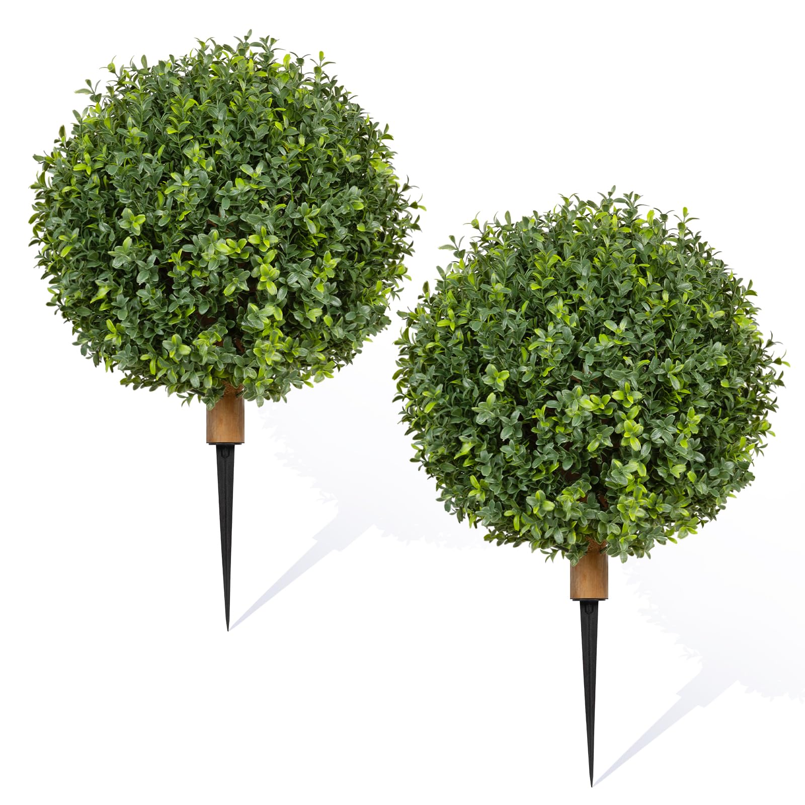 Photo 1 of **MISSING 1 BUSH & ALL GROUND SPIKES*** 24 inch Artificial Boxwood Topiary with Ground Spikes, Set of 2 UV Resistant Faux Boxwood Ball Trees for Outdoors, Fake Evergreen Shrubs Bushes Plants for Garden Patio Yard Fence Decoration