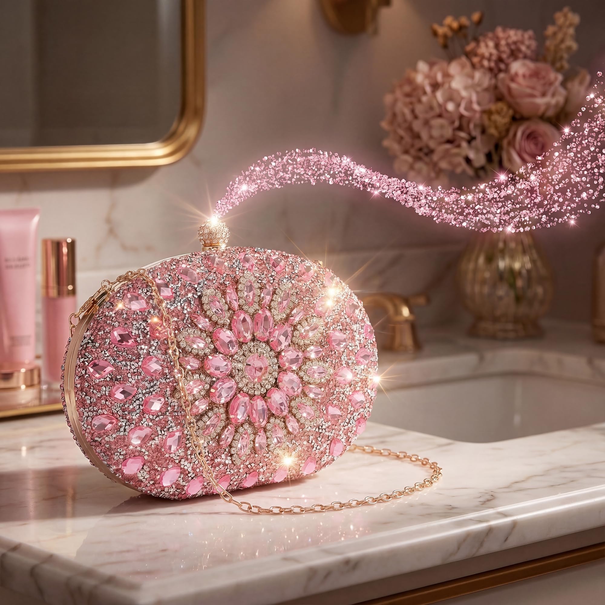 Perphy Mujer Bolso de Mano Nocturno Brillante con Strass y Cadena