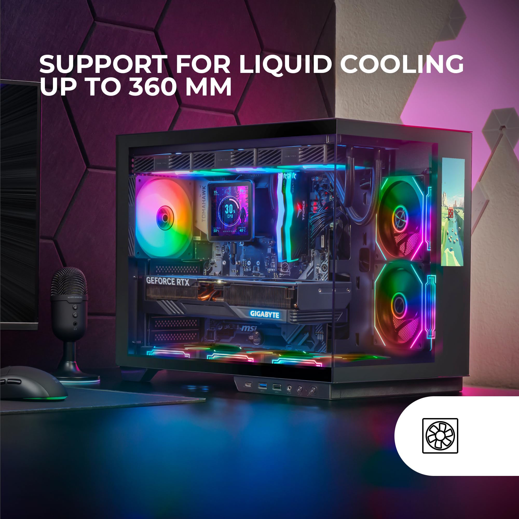 Mars Gaming MC-MIRAGE, Case Gaming ATX, Schermo LCD IPS 7,2” Personalizzabile, Vetro Temperato Continuo Frontale e Laterale, Struttura Doppia Camera, Supporto Raffreddamento Liquido fino 360mm, Nero