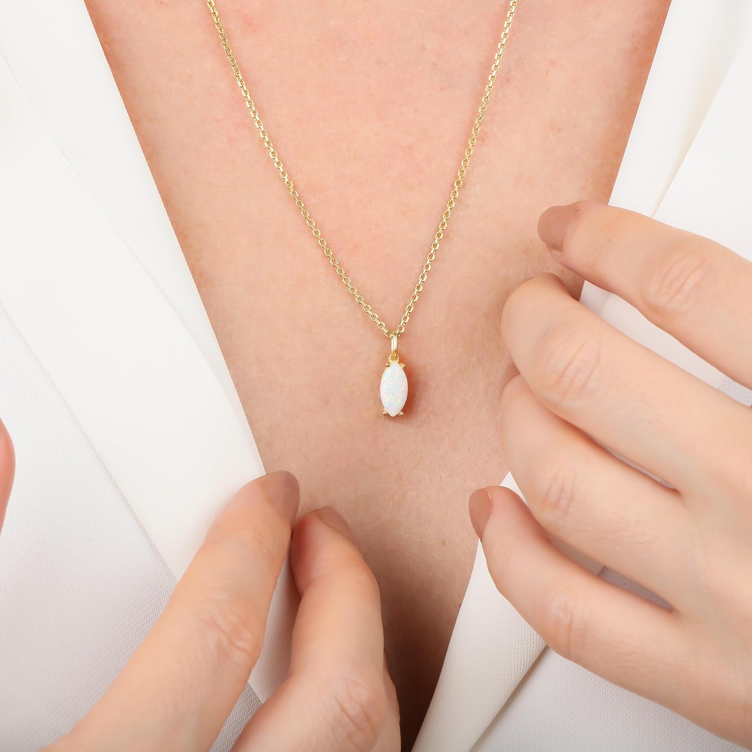 14K Gold Plated White Opal Marquise Cut Necklace, Dainty Pendant with October Birthstone, 14K Gold Plated over 925 Sterling Silver, Handmade Modern Opal Gemstone Necklace for Women