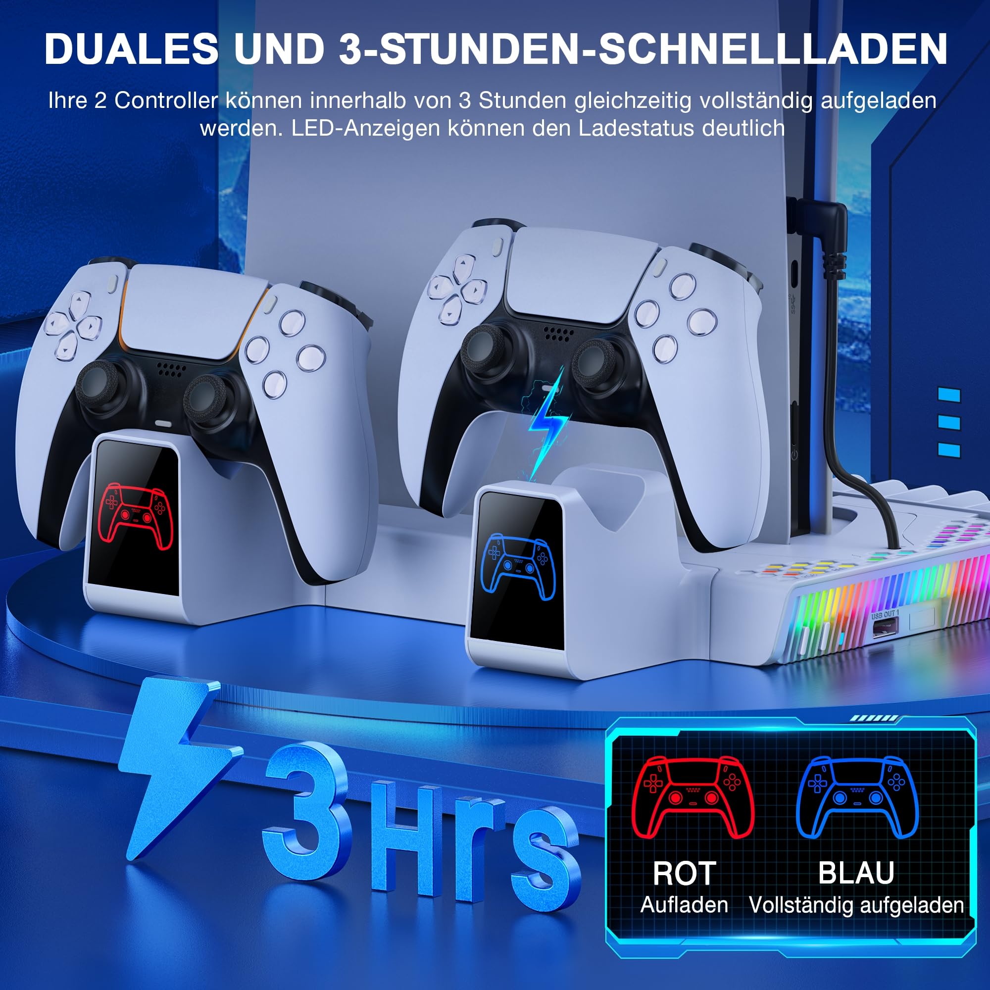 PS5 Ständer für PS5 Slim Konsole Neu, PS5 Standfuß mit 3-Stufig Kühler Lüfter Schnelle Abkühlung/PS5 Controller Ladestation/14 Spiele Aufbewahrung, PS5 Ständer für PS5 Slim Disc & Digital Konsole