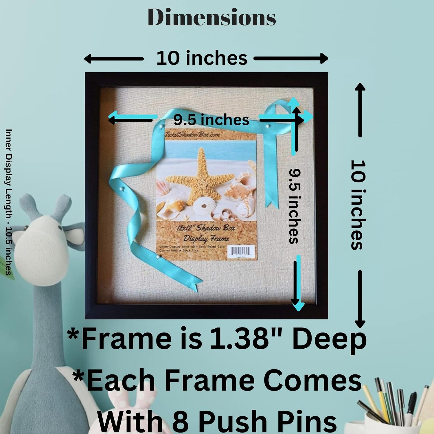 Tasse Verre 10x10 Black Display Shadow Box (1-Pack) Frame w/Linen Background and 8 Stick Pins - Ready to Hang Shadowbox Picture Frame - Box Display Baby Memorabilia Wedding Black 10x10