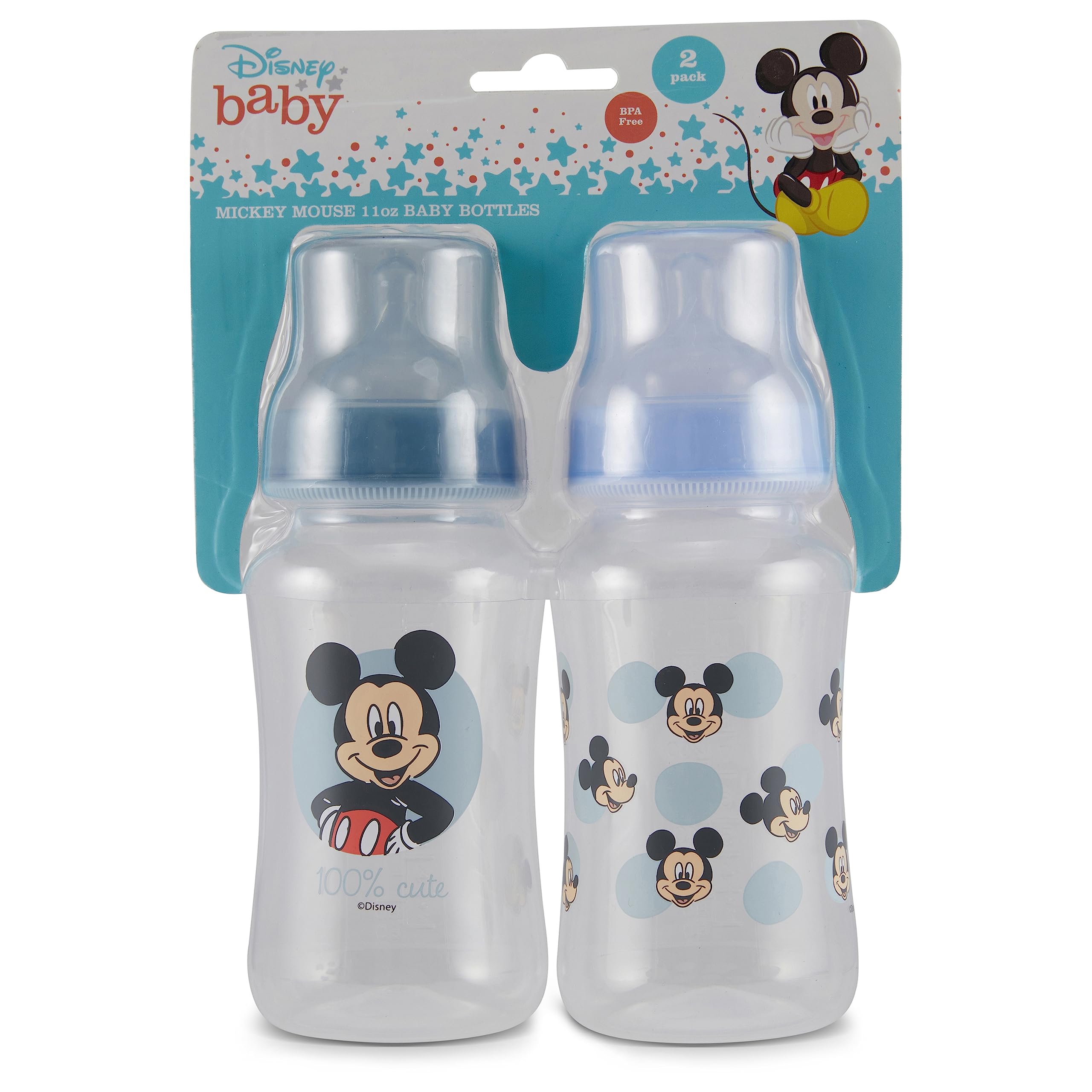 Disney Mickey Mouse Babyflaschen, 325 ml, für Jungen und Mädchen, 2 Stück, Sanduhr-förmige Flaschen für Neugeborene und alle Babys, BPA-freie Kunststoffflaschen für Babypartys