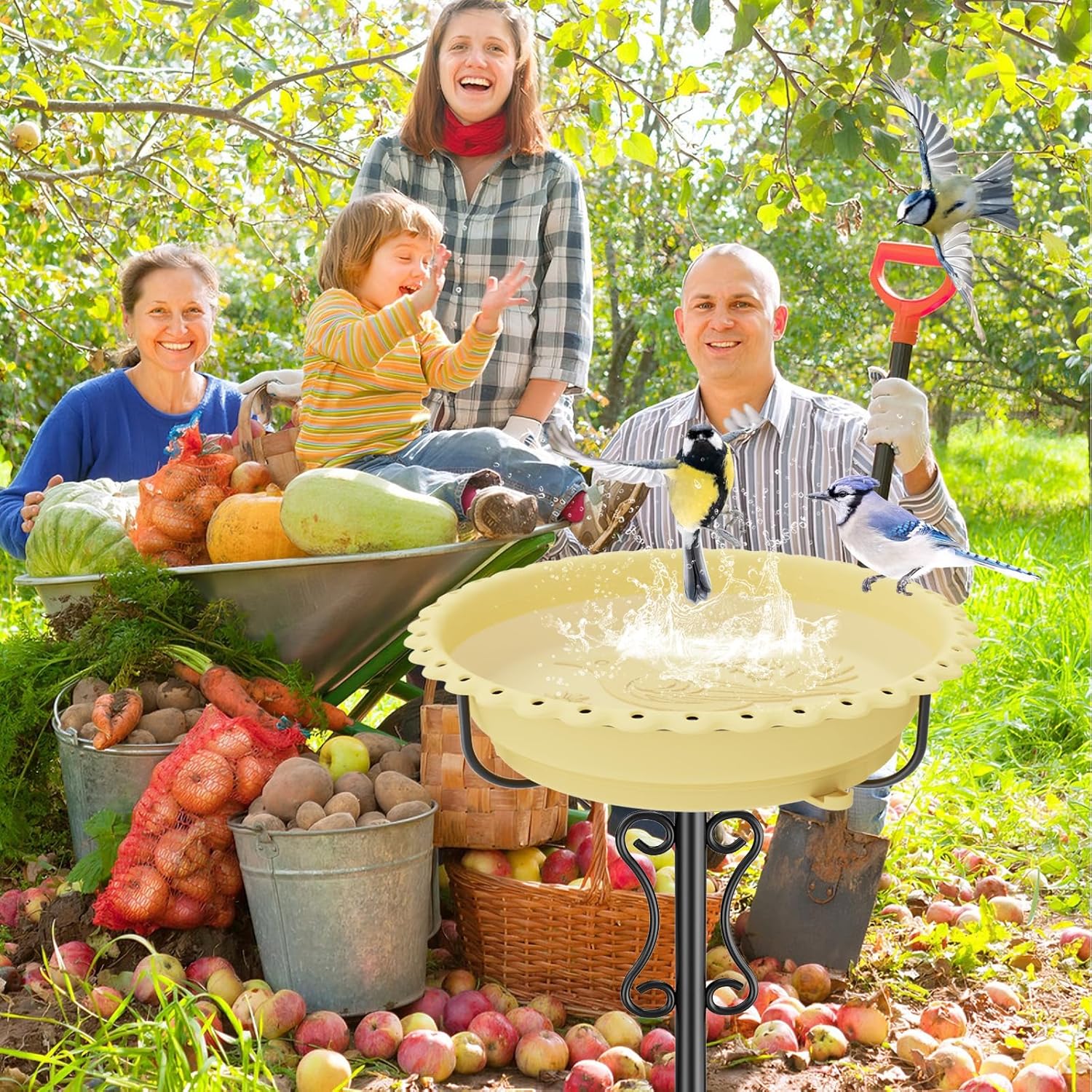 Bird Bath for Outside,40In Freestanding Birdbath with Stable Metal Stake, Rustproof Easy Clean Plastic Bowl for Garden Patio Yard Lawn Decor (Beige)
