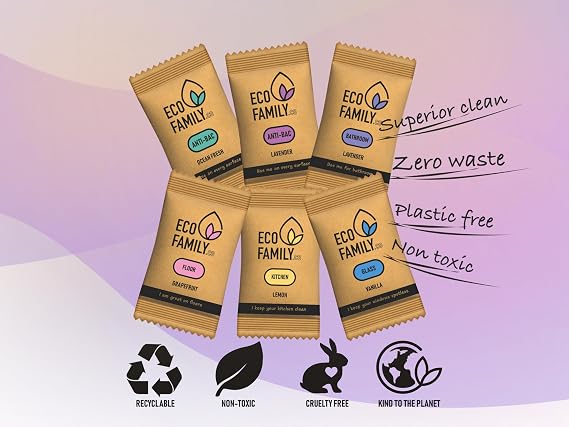 Eco Family, Essential Home Cleaning Refill Tablets 6pcs - 2x Antibac, Bathroom, Glass, Kitchen Degreaser, Floor, Eco Friendly Plastic Free Non-Toxic Cruelty-Free, Just Add Water