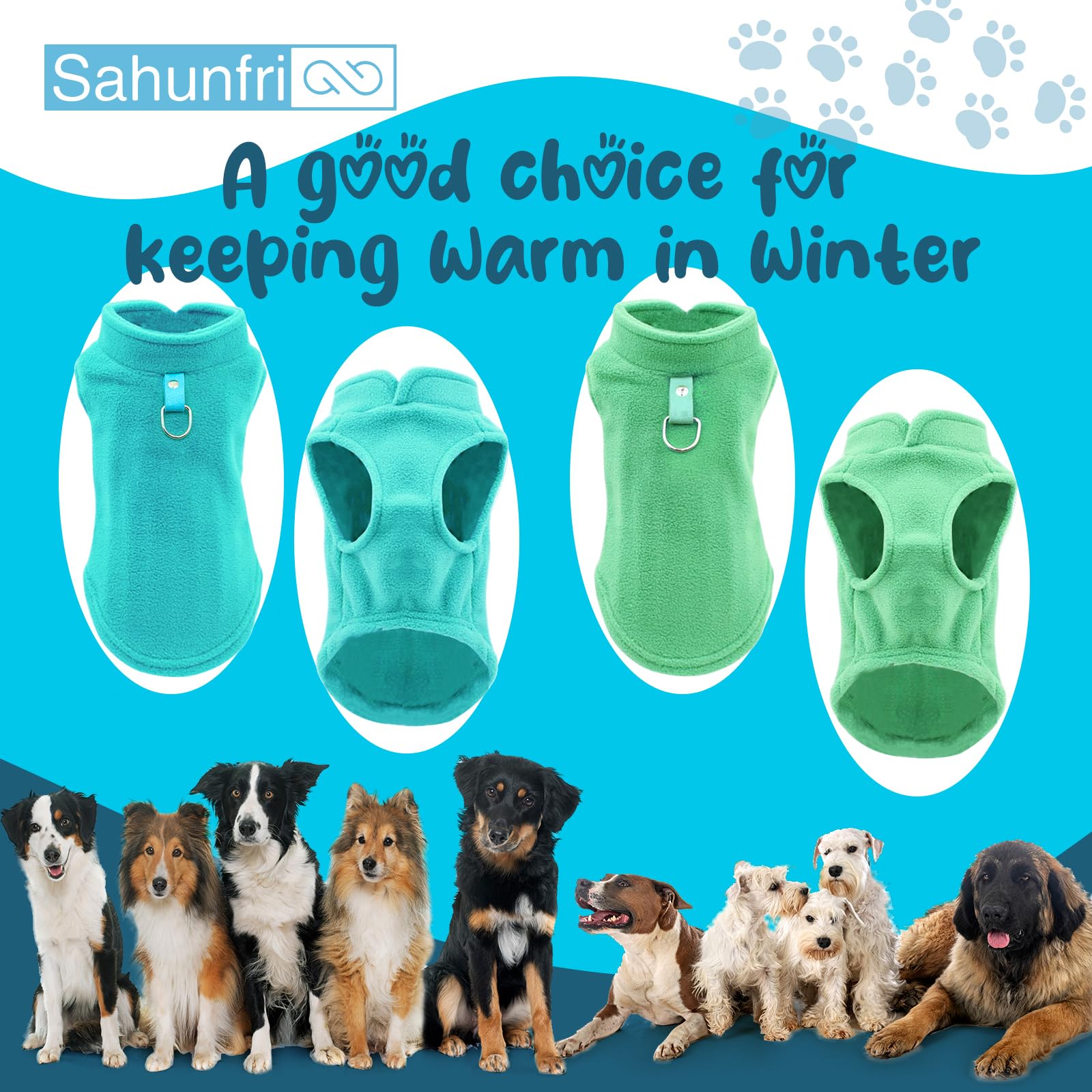 Sahunfri 2 Pack Pet Jumpers, Warm and Soft Dog & Cat Jumpers, Fleece Winter Jacket for Small Pets with Leash D-Ring (aqua+green, XL) - Image 3