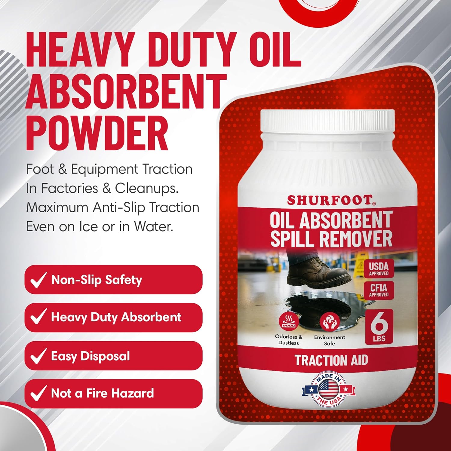 SHURFOOT 6lb Non-Slip Oil Absorbent - Provides Ice Traction & Vapor Suppression - Spill Control for Blood, Water & Oils - USDA Approved - Floor Dry Absorbent Odorless - Fire-Safe & Dustless