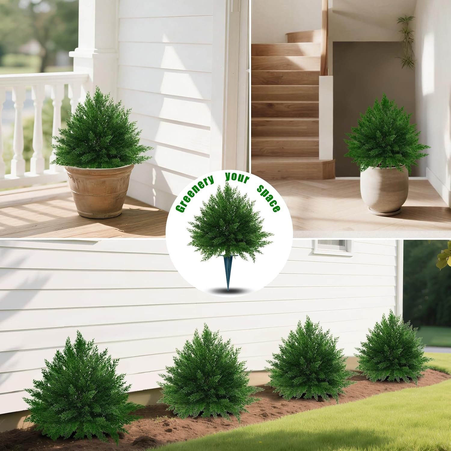 Artificial Cypress Topiary Ball Trees 23" with Ground Spike, 2 Pack Fake Shurbs Artificial Bushes for Outdoors, UV Resistant Faux Evergreen Plants for Indoor Front Porch Garden