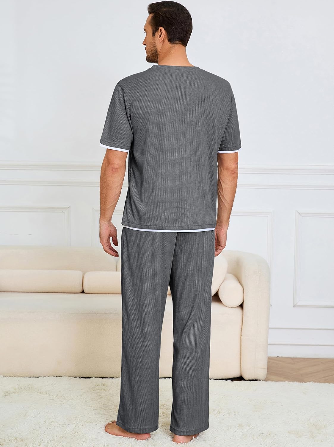 Andeip Mens Pajamas Set Waffle Crew Neck Loungewear Cozy Sleepwear Short Sleeve Top and Long Pants Pj Set with Pockets - Image 5